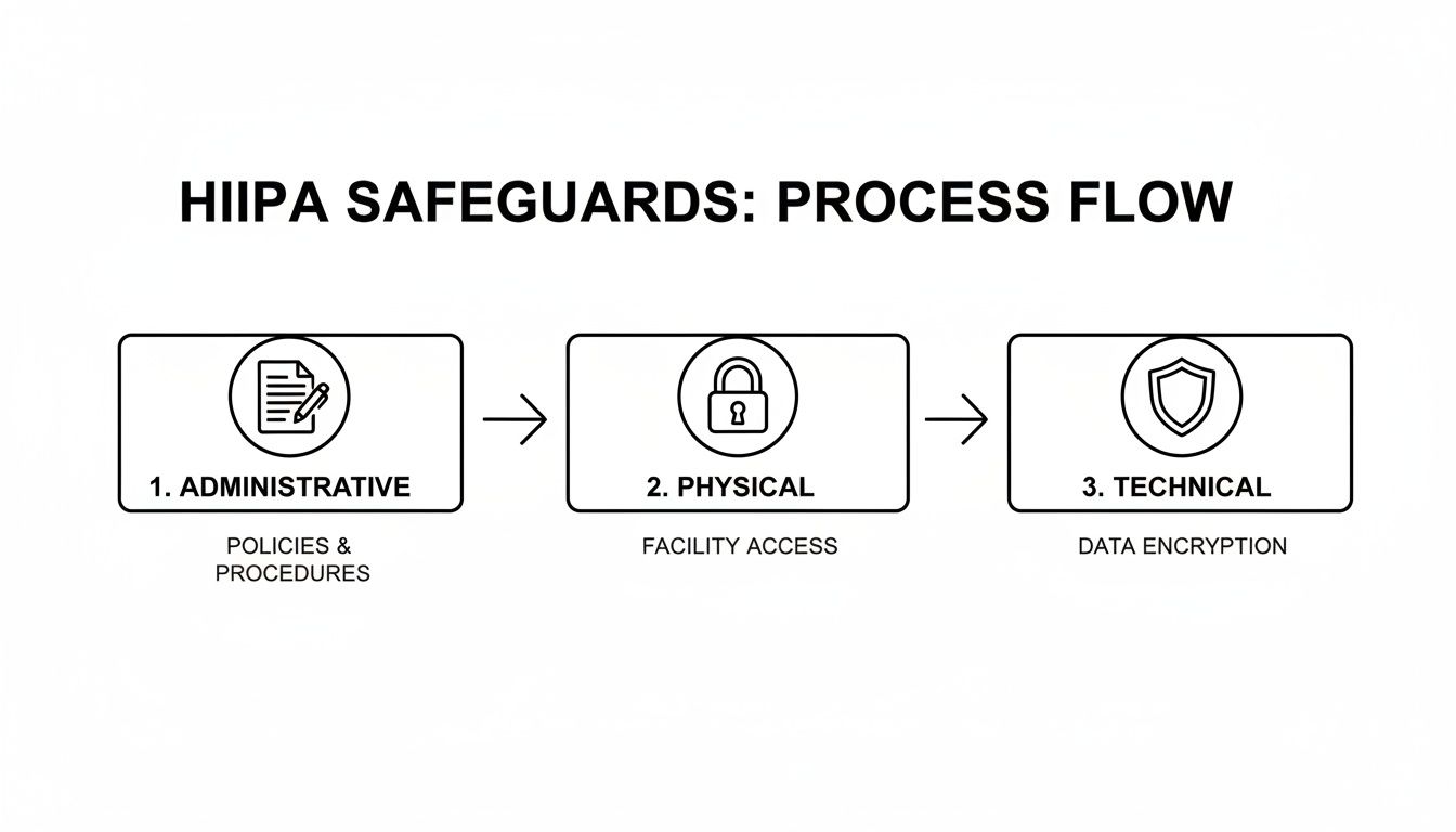 A flowchart illustrating the HIPAA safeguards process: administrative policies, physical facility access, and technical data encryption.