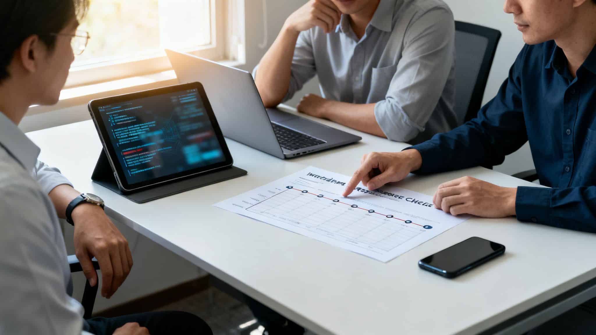 Three professionals collaborate in an office, reviewing code on a tablet and discussing data on a printed chart.