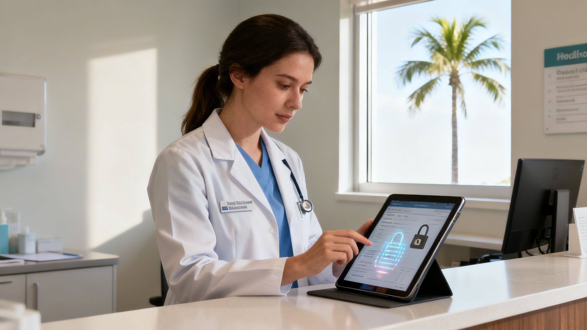 A female doctor uses a tablet displaying a security lock icon in a clinic setting.
