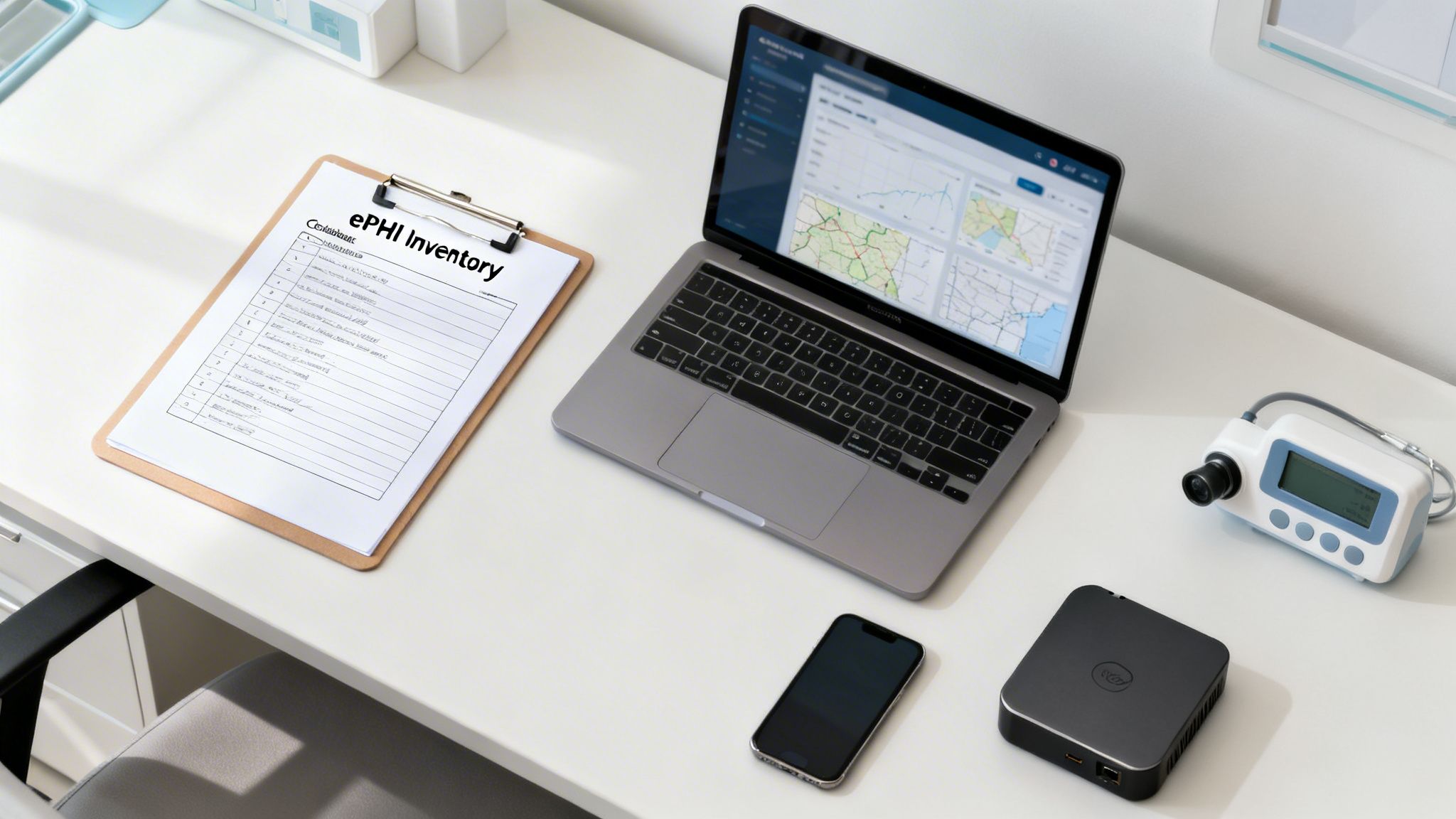 A clean desk with a laptop, ePHI Inventory clipboard, smartphone, medical device, and mini PC.