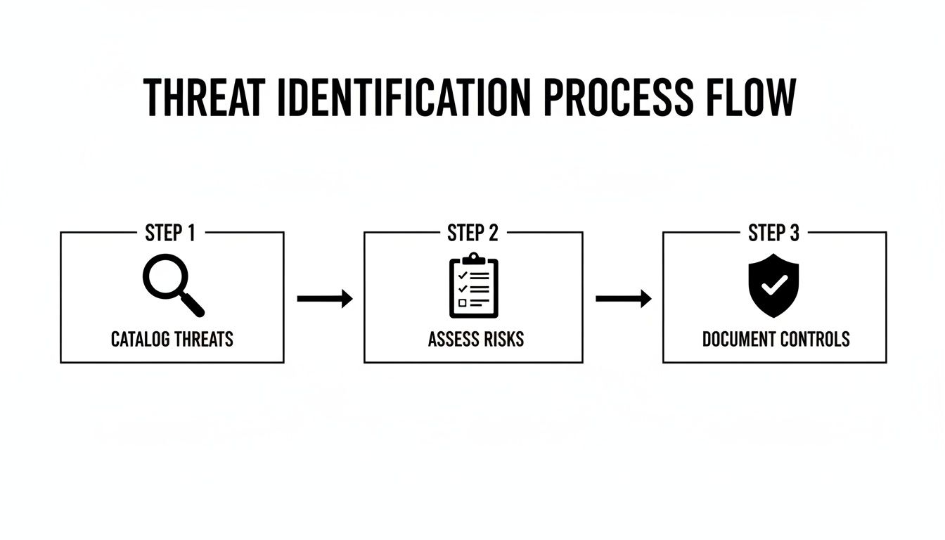 A three-step threat identification process flow diagram: catalog threats, assess risks, document controls.