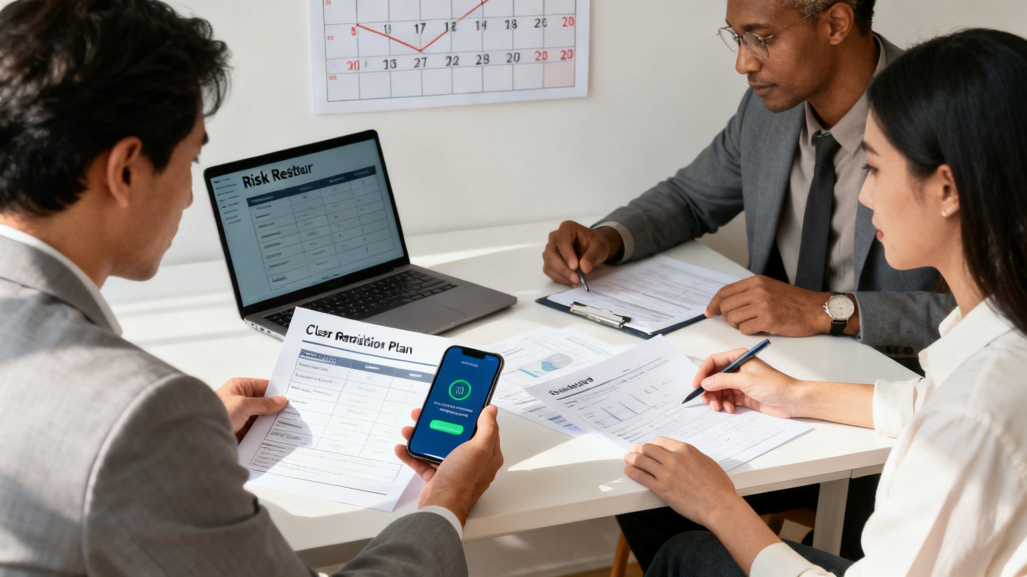 Three business professionals collaborating in a meeting, reviewing documents, a laptop, and a smartphone.