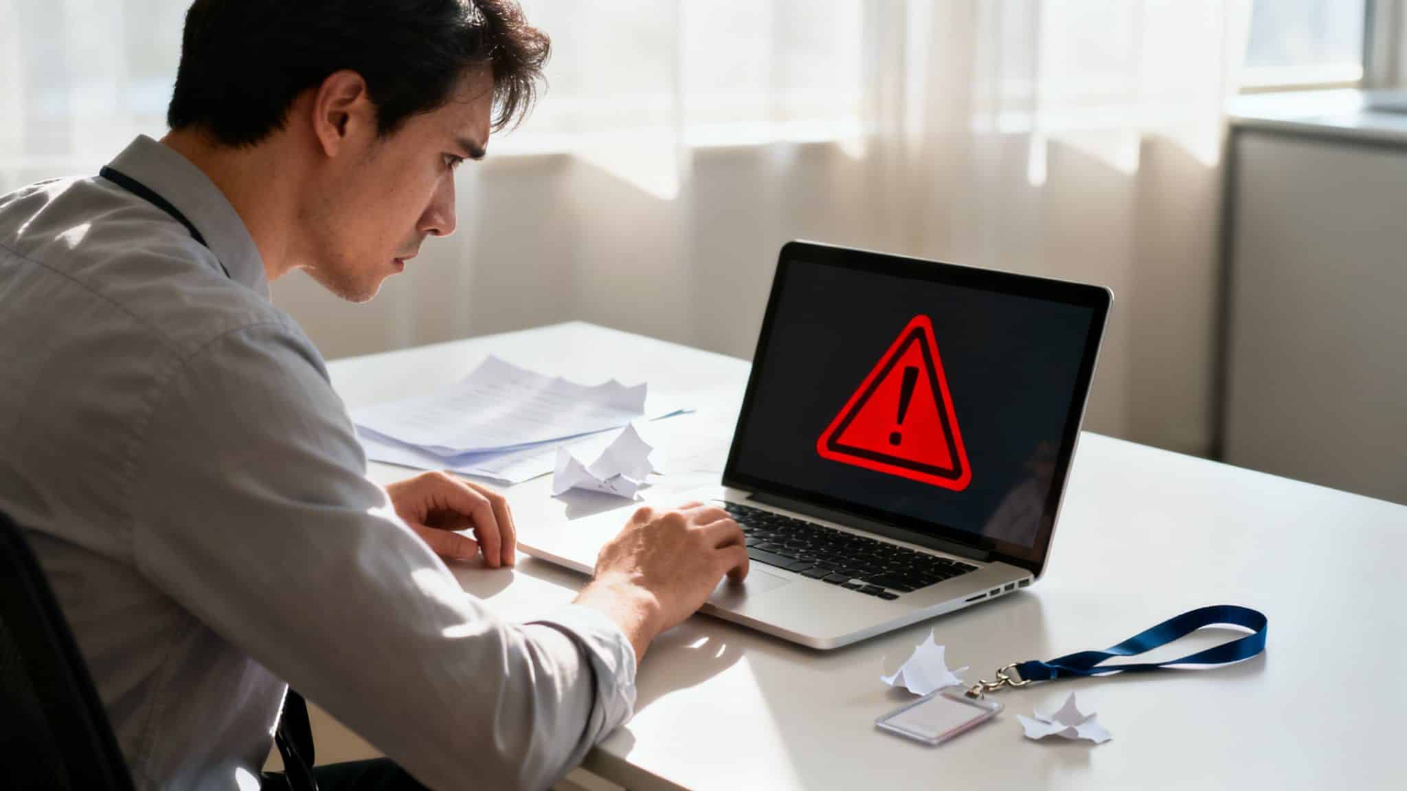 A man looks at a laptop displaying a red warning sign, surrounded by crumpled papers.