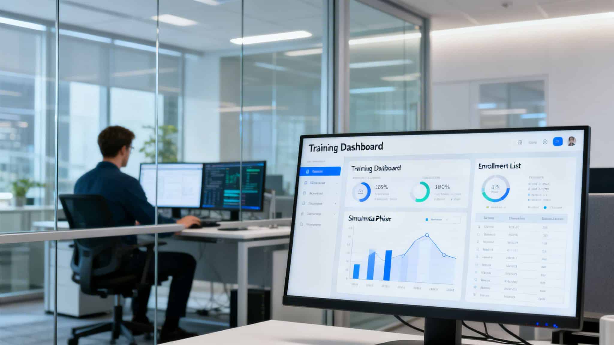A computer monitor in an office displays a 'Training Dashboard' with graphs, charts, and an enrollment list, while a person works in the background.