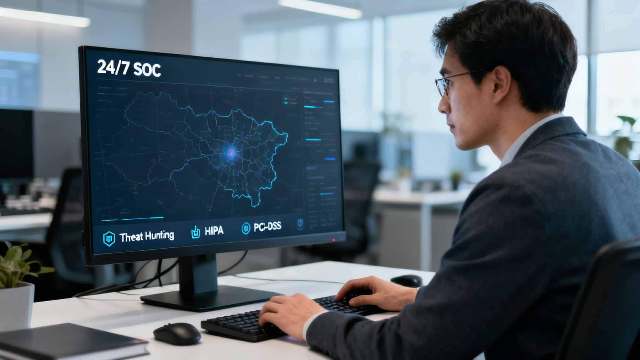 A man works at a computer, analyzing a cybersecurity dashboard with a map and security features.