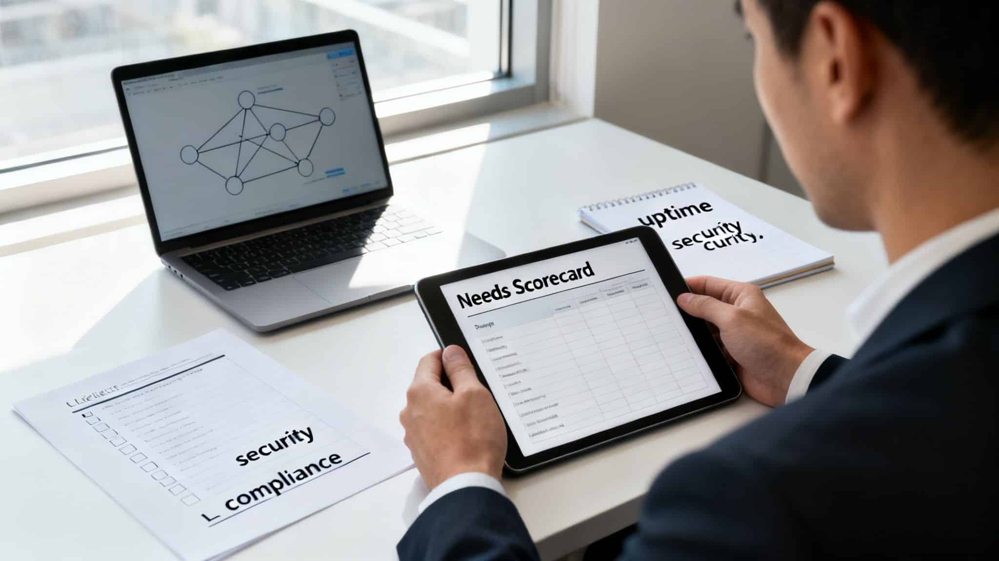 A professional reviews a 'Needs Scorecard' on a tablet, with a laptop and security documents.
