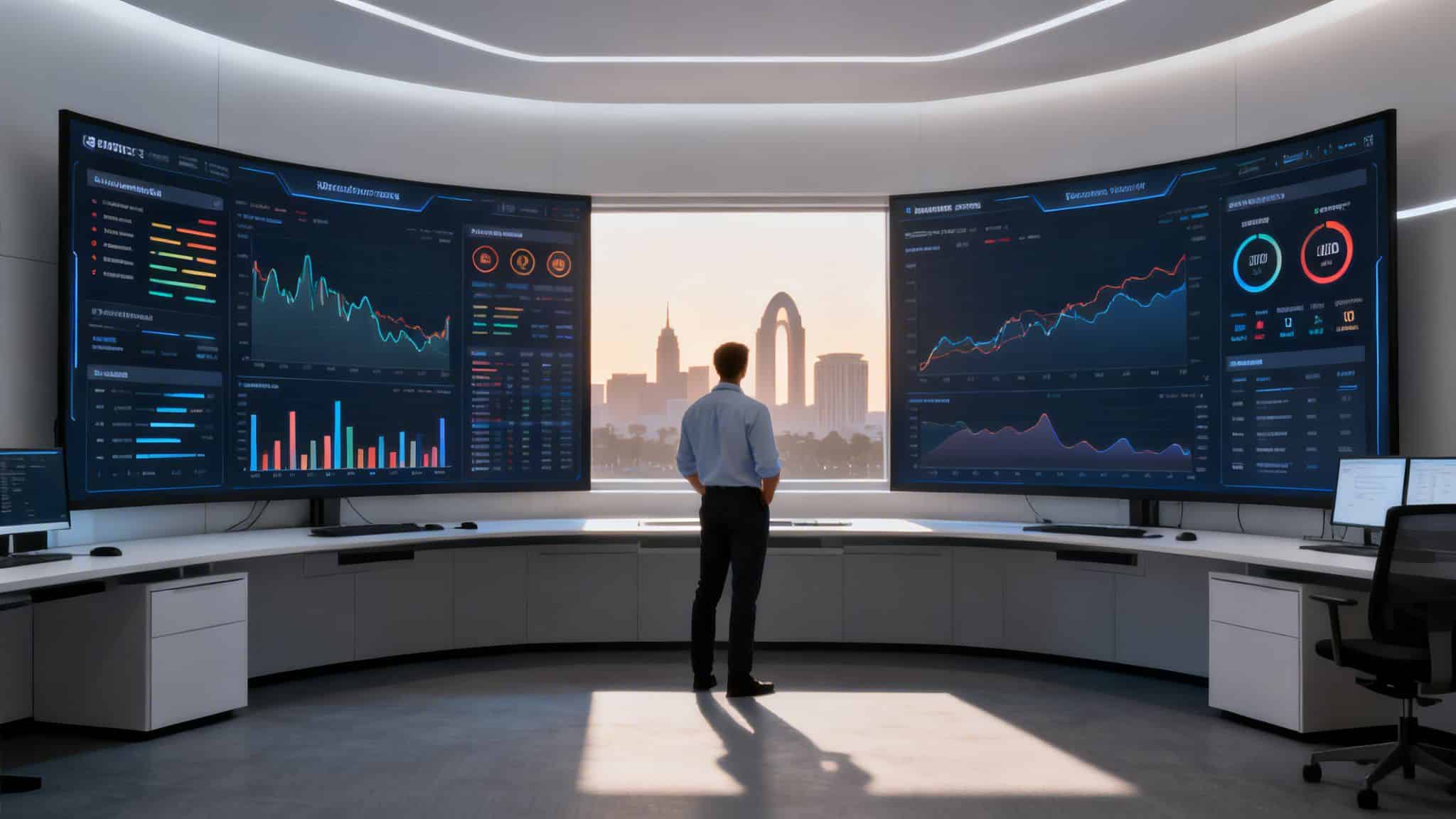 Man in a modern control room looking at a cityscape through a window, surrounded by data screens.