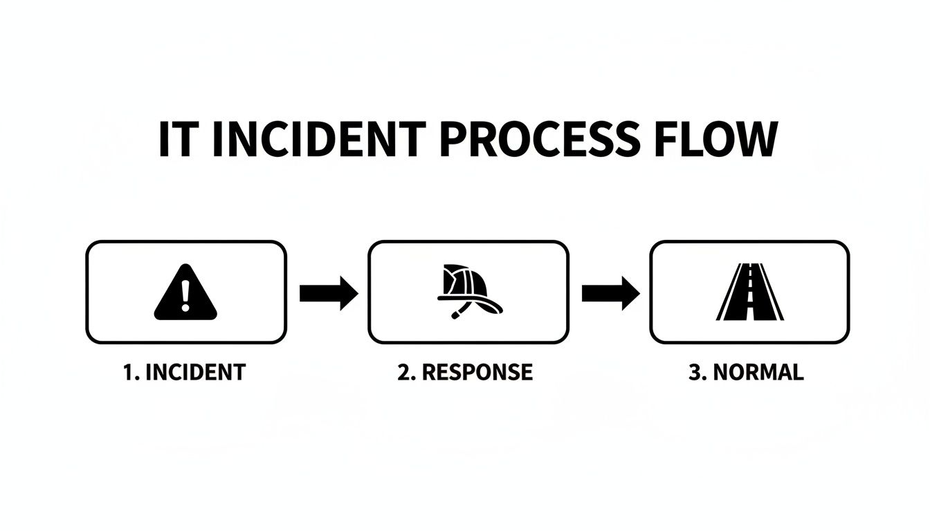 Flowchart illustrating the IT incident process flow with steps: Incident, Response, and Normal.