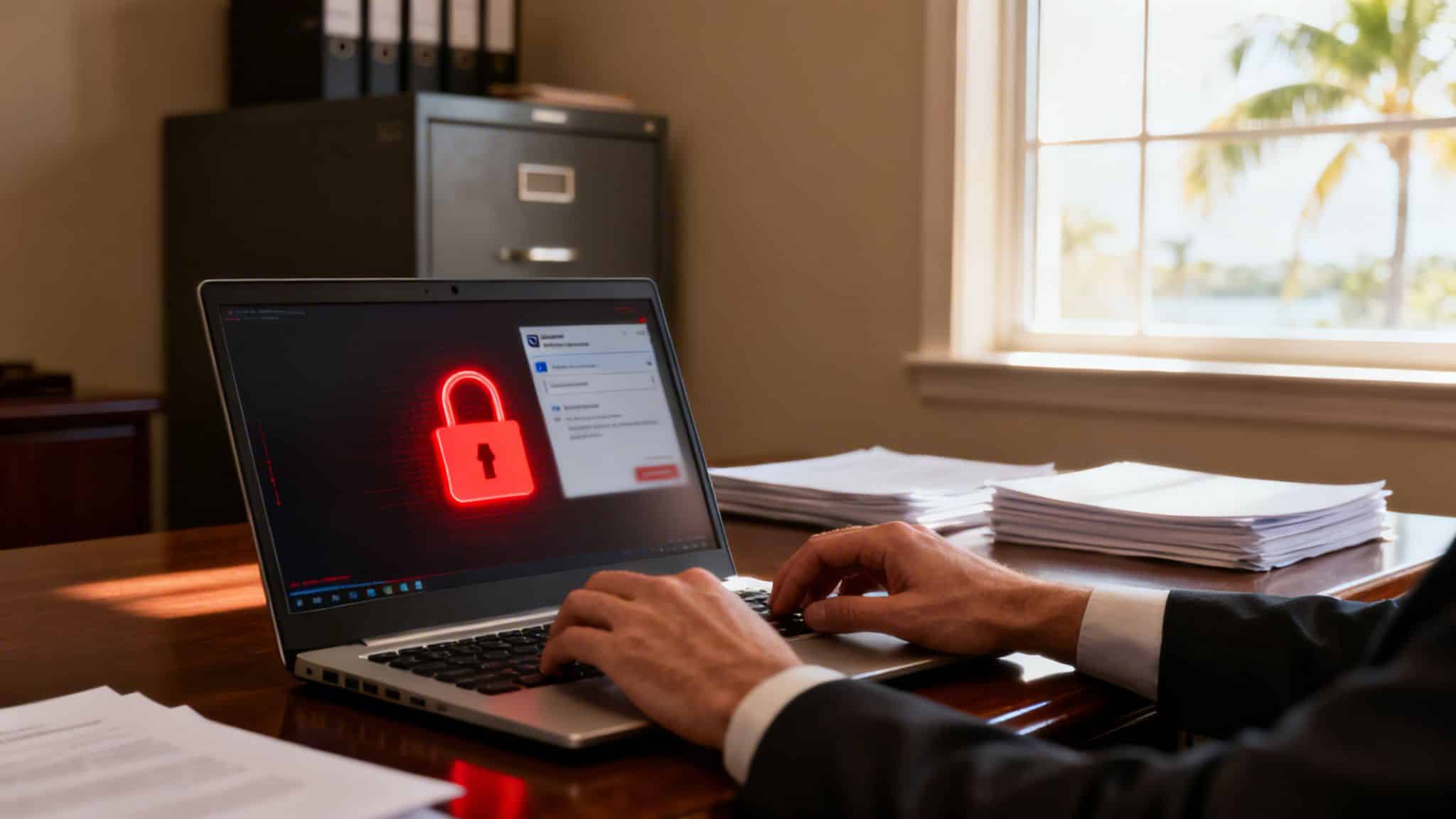 Hands typing on a laptop showing a large red padlock, symbolizing a cybersecurity threat or data breach in an office setting.