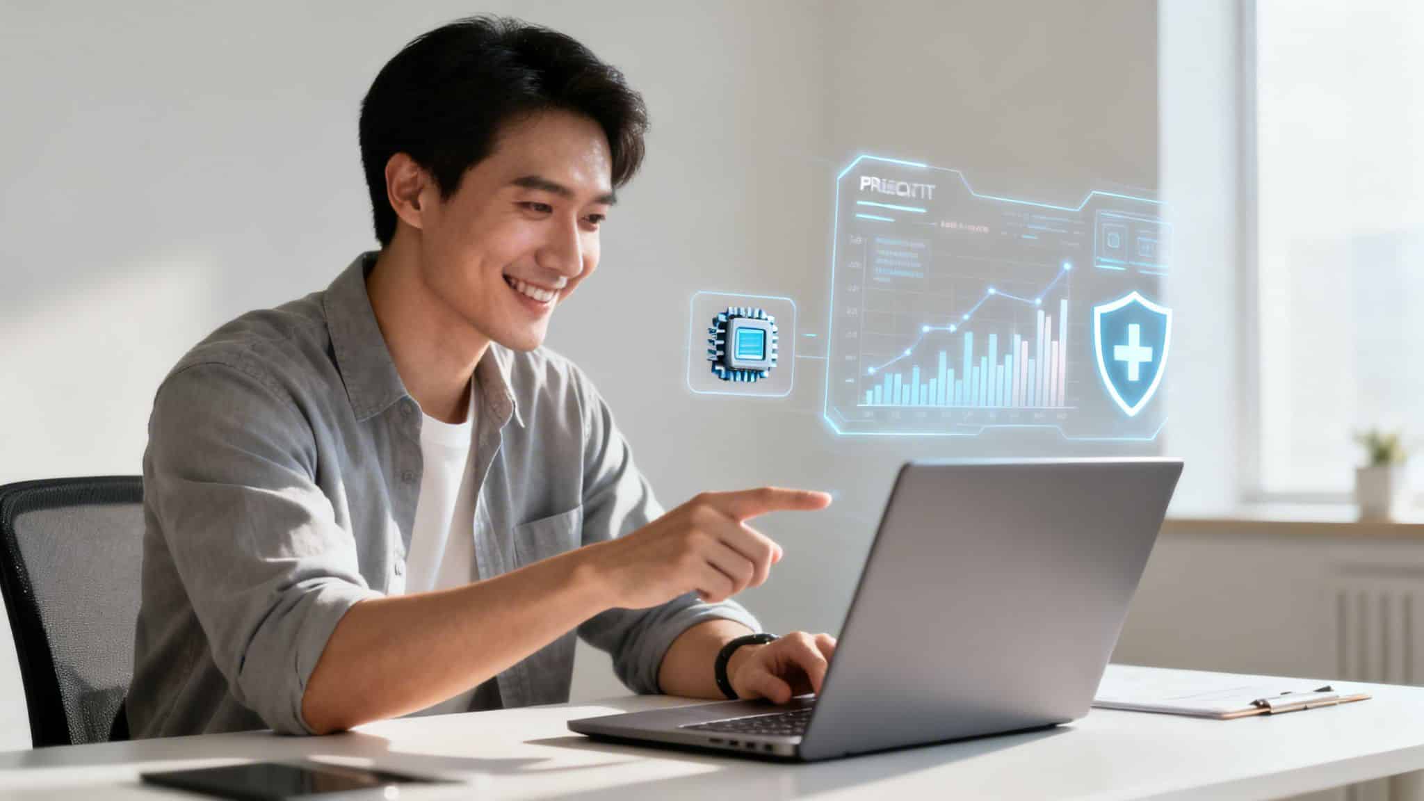 Smiling Asian man pointing at a holographic display with data charts, CPU, and medical shield icons while using a laptop.