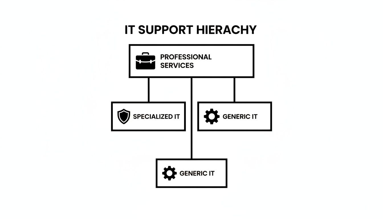 A hierarchical diagram illustrating IT support structure, with Professional Services at the top, branching to Specialized IT and Generic IT.