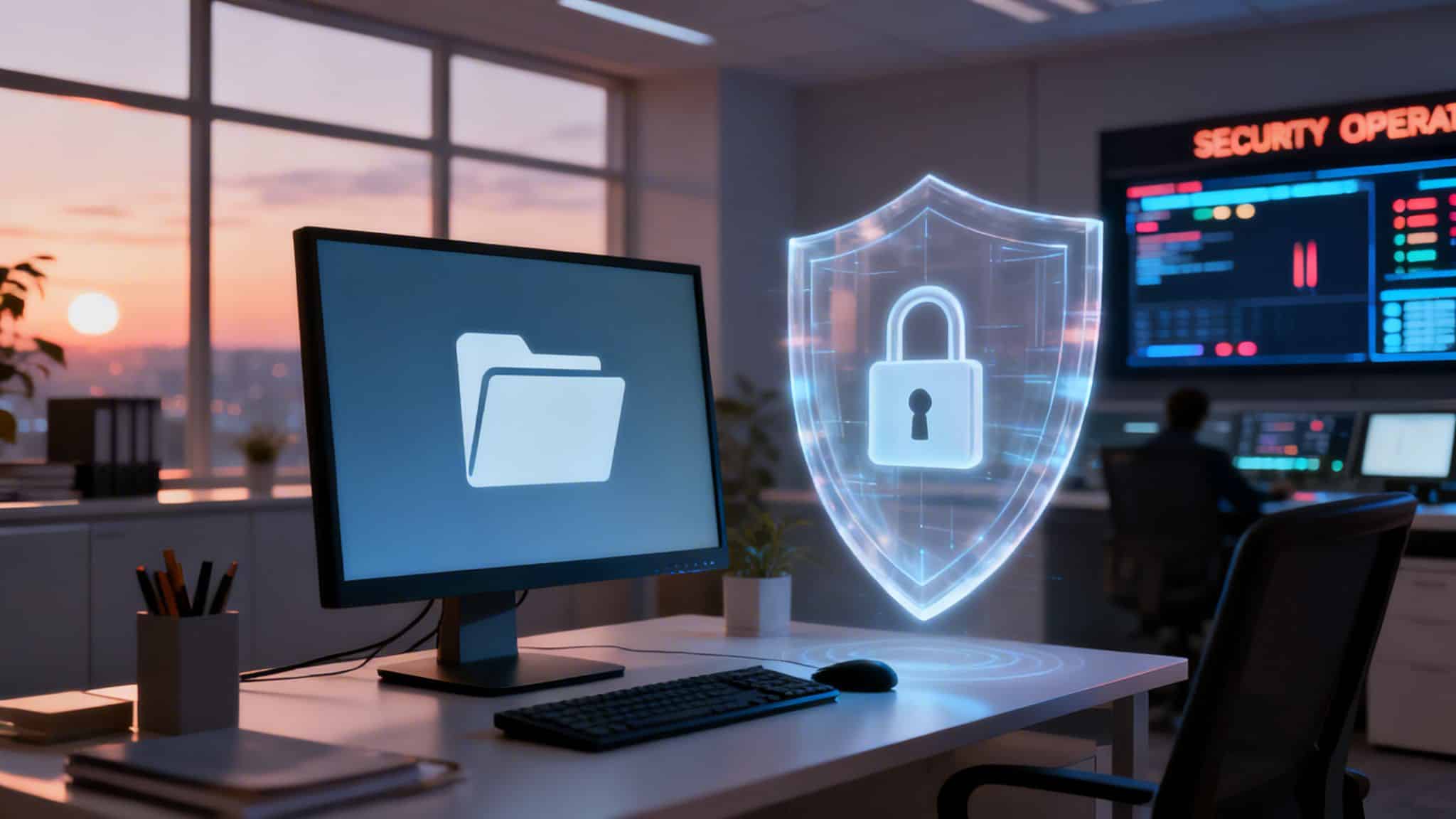 Cybersecurity operations center with a glowing shield and padlock protecting digital folders on a monitor.