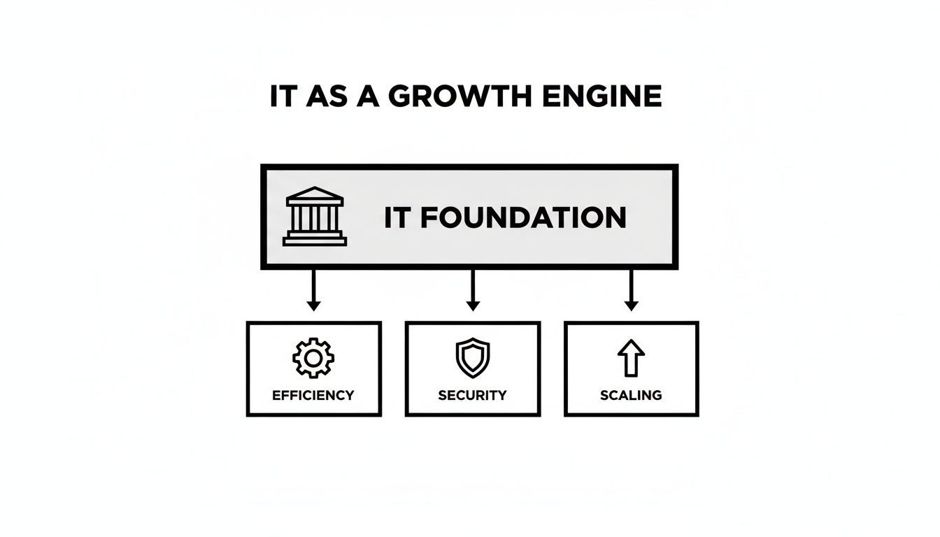 An IT infrastructure diagram showing foundation supporting efficiency, security, and scaling for business growth.