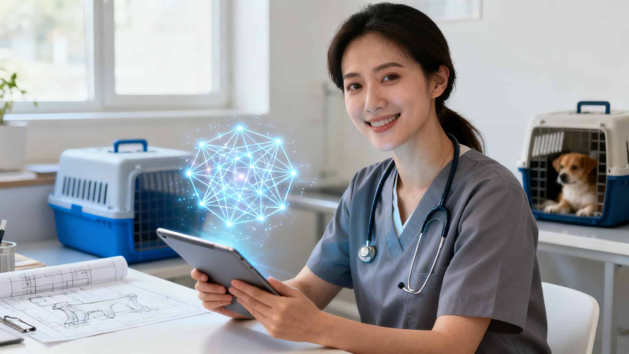 A smiling veterinarian holds a tablet showing a glowing network, with pet carriers and a dog.