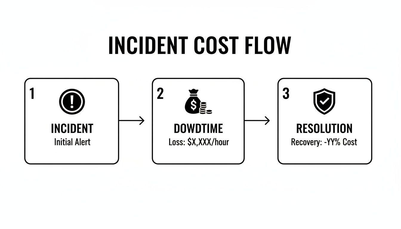 Flowchart illustrating the incident cost flow from initial alert to downtime loss and resolution recovery.