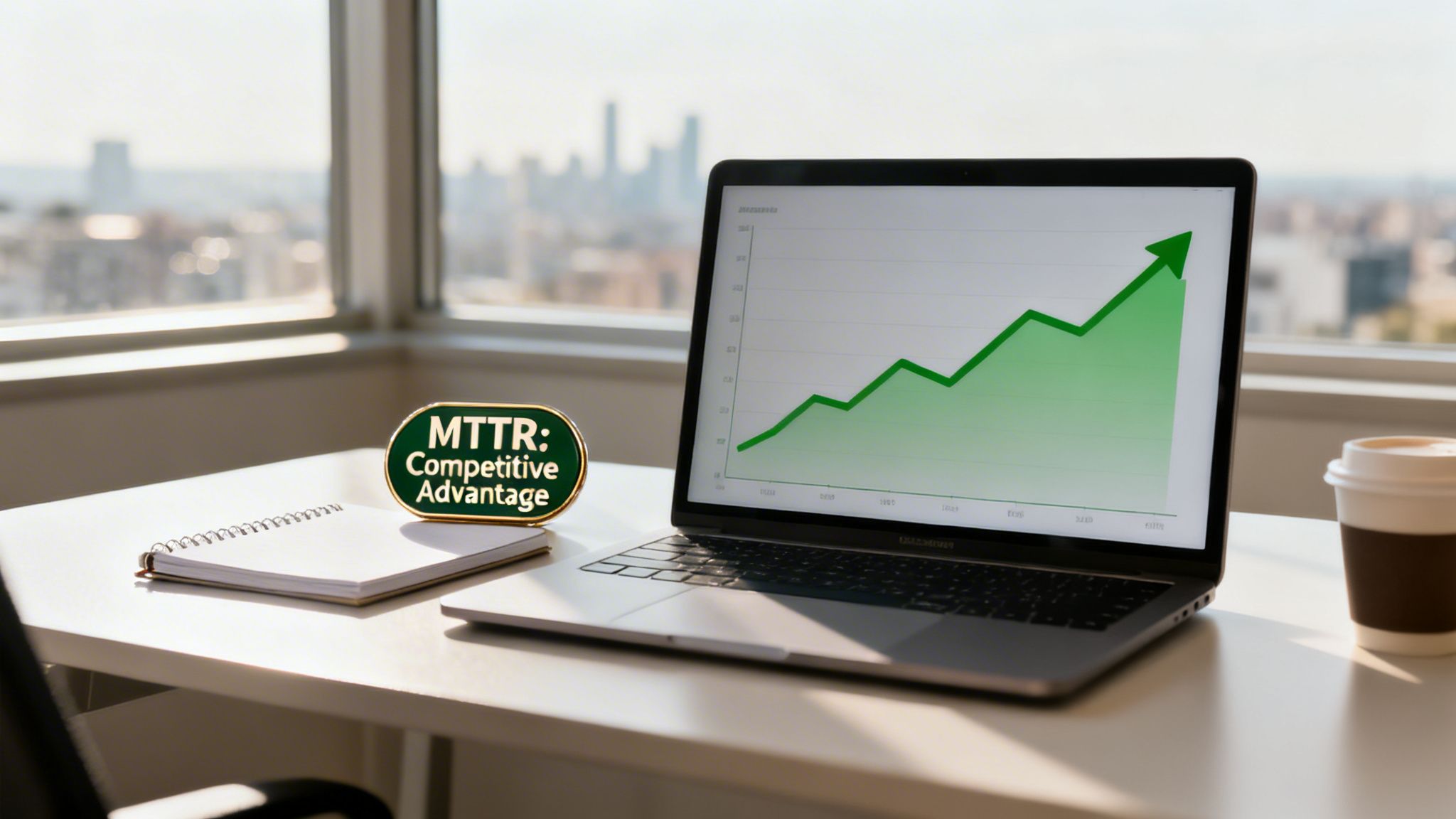A bright office desk with a laptop displaying an upward trend graph and an MTTR competitive advantage plaque.