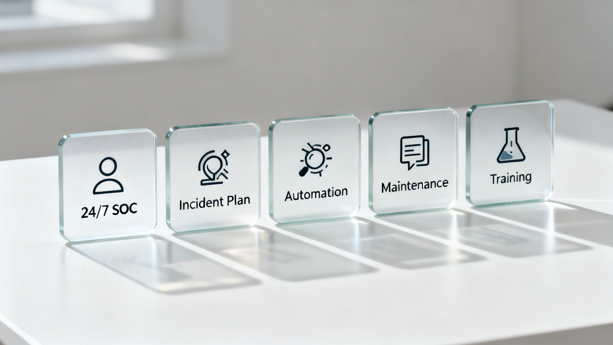Five glass blocks display IT security and operations concepts: 24/7 SOC, Incident Plan, Automation, Maintenance, and Training.