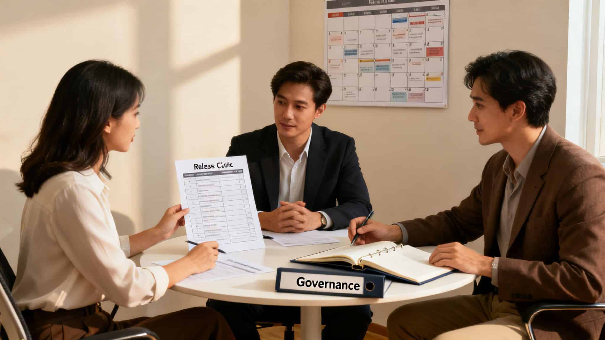 Three professionals discuss documents and governance in a focused business meeting setting.