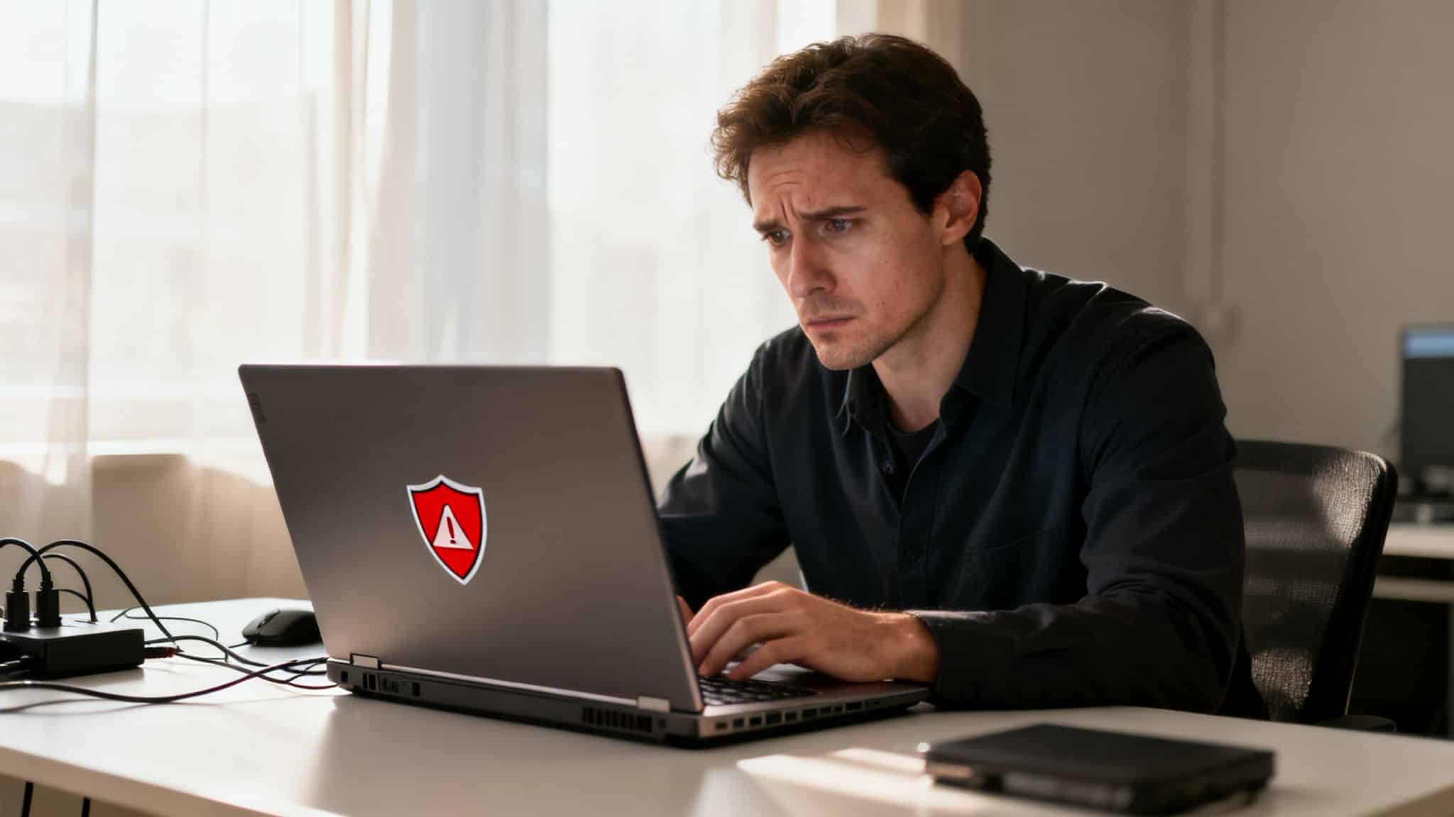 A focused man working intensely on a laptop with a shield logo in an office.