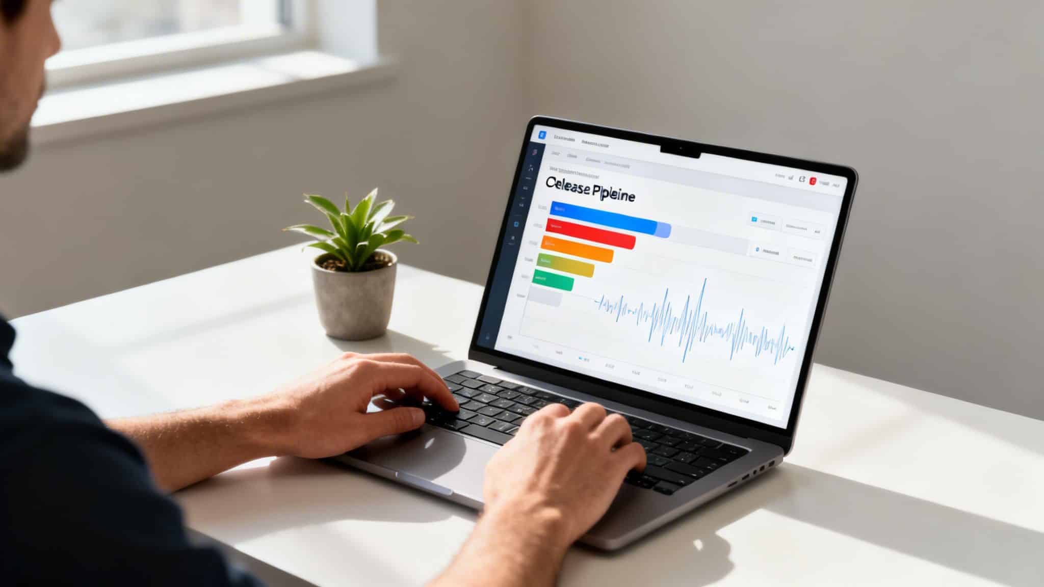 Man working on a laptop displaying a release pipeline dashboard with various charts and data.