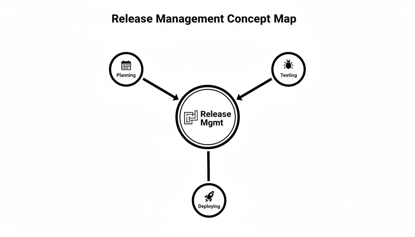 A concept map illustrating release management, showing planning, testing, and deploying as key processes.
