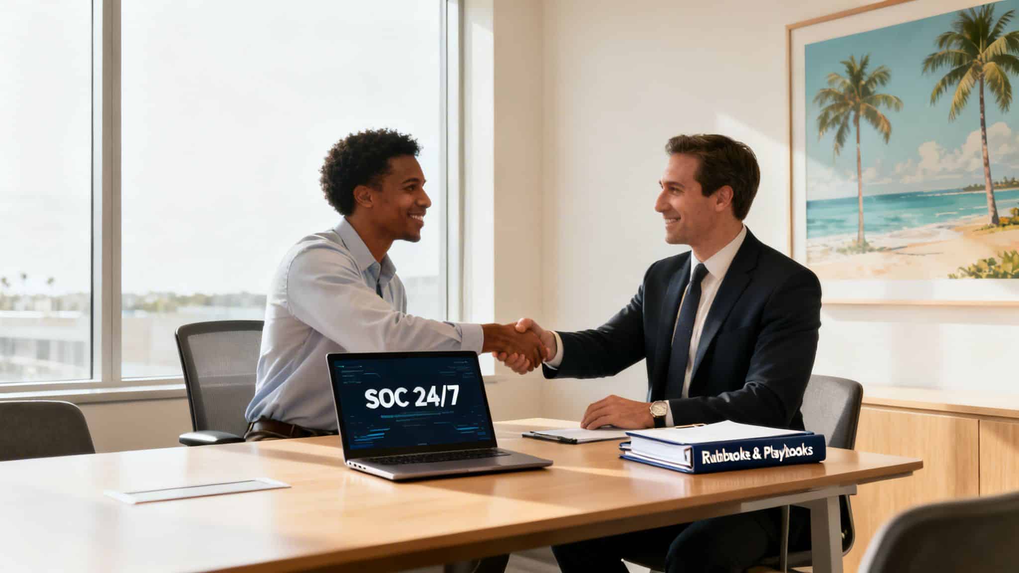 Two smiling businessmen shake hands across a table with a laptop and a 'Runbooks & Playbooks' binder.