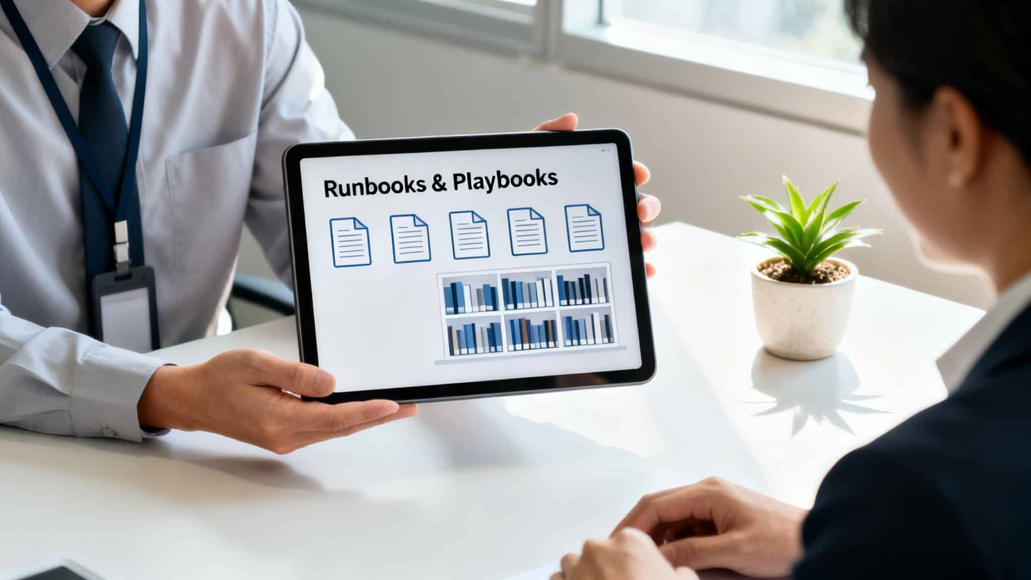 A business professional shows a tablet with 'Runbooks & Playbooks' and digital document icons to a colleague.