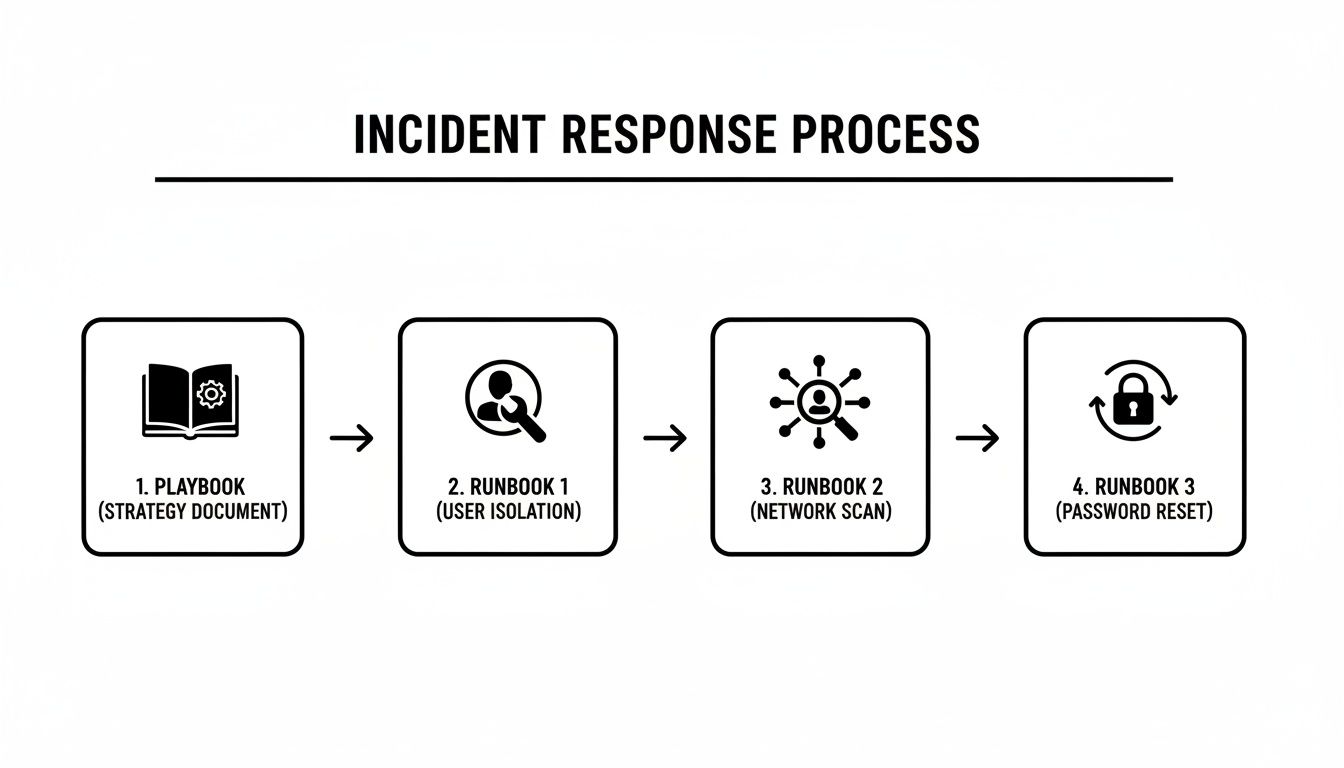 Flowchart showing an incident response process with playbook, user isolation, network scan, and password reset runbooks.