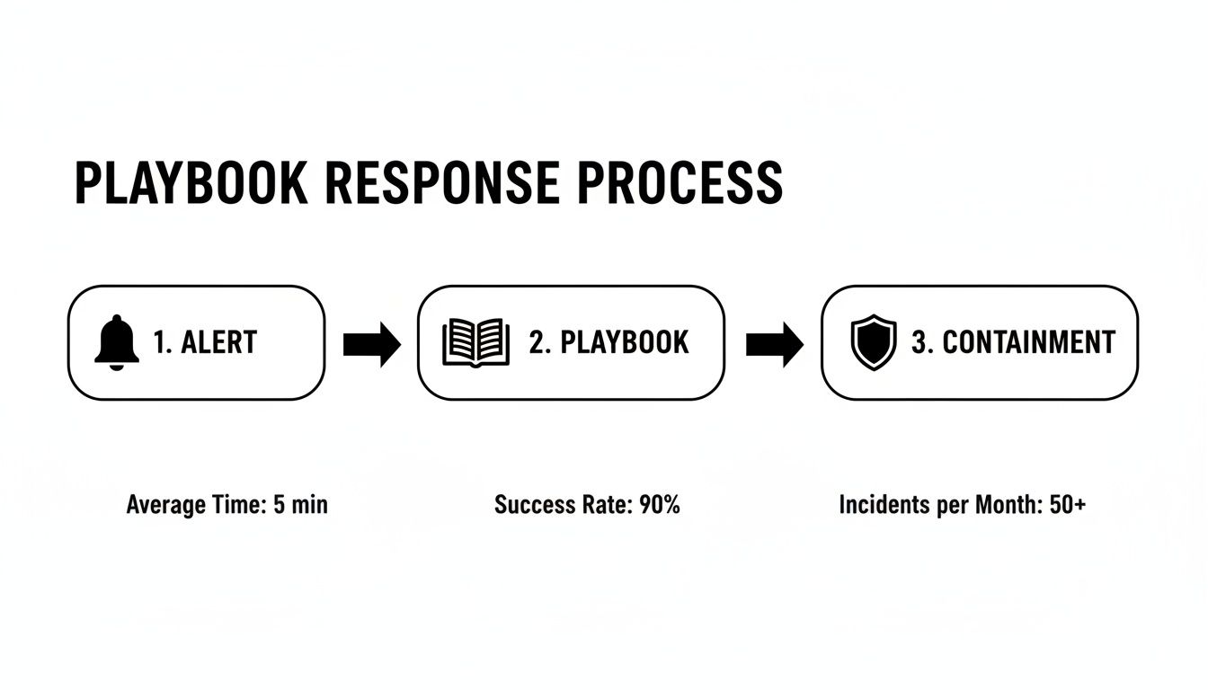 Infographic showing a playbook response process with alert, playbook, and containment steps, detailing average time, success rate, and incidents.