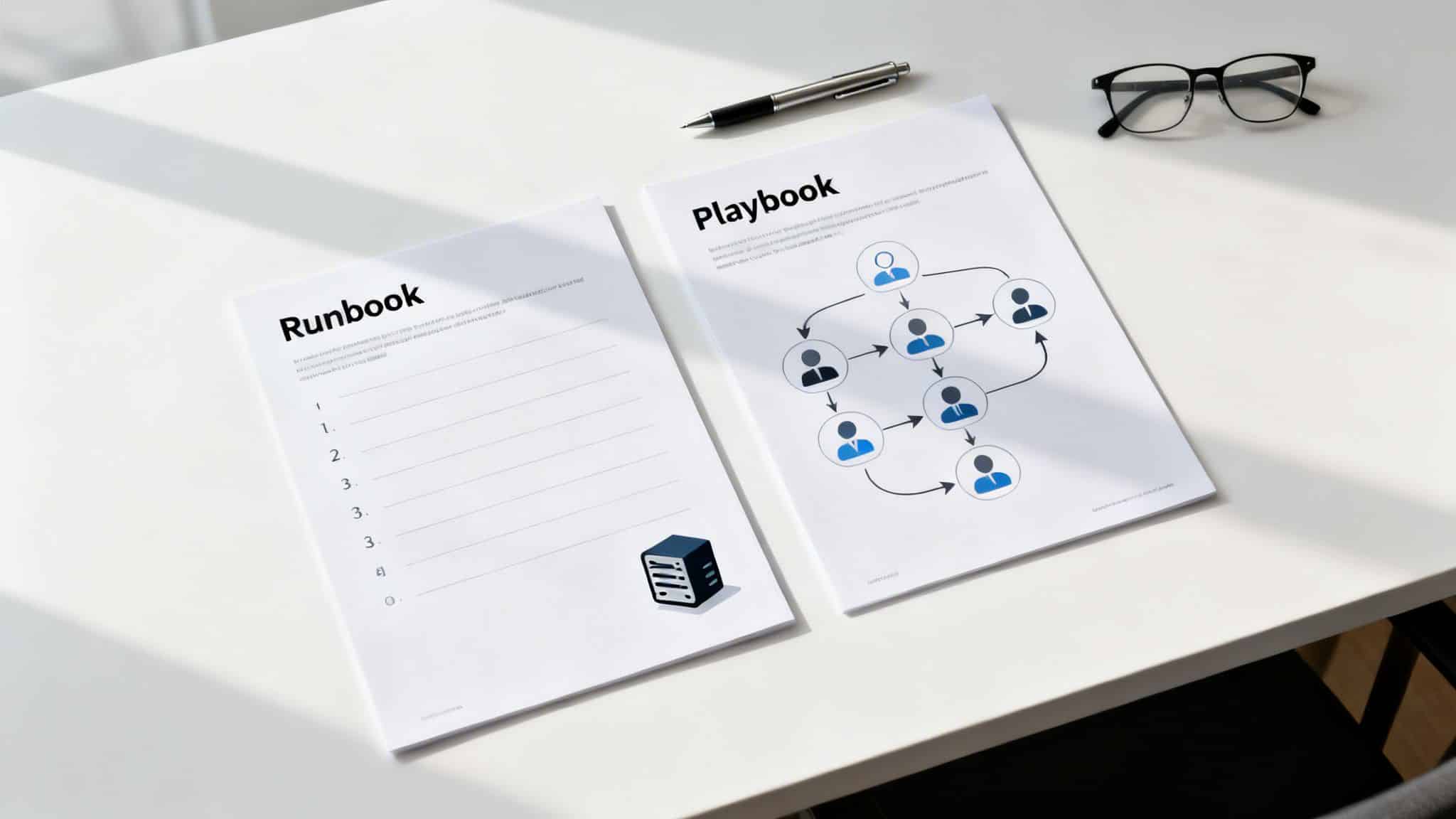 Two documents titled 'Runbook' and 'Playbook' on a white desk with a pen and glasses.