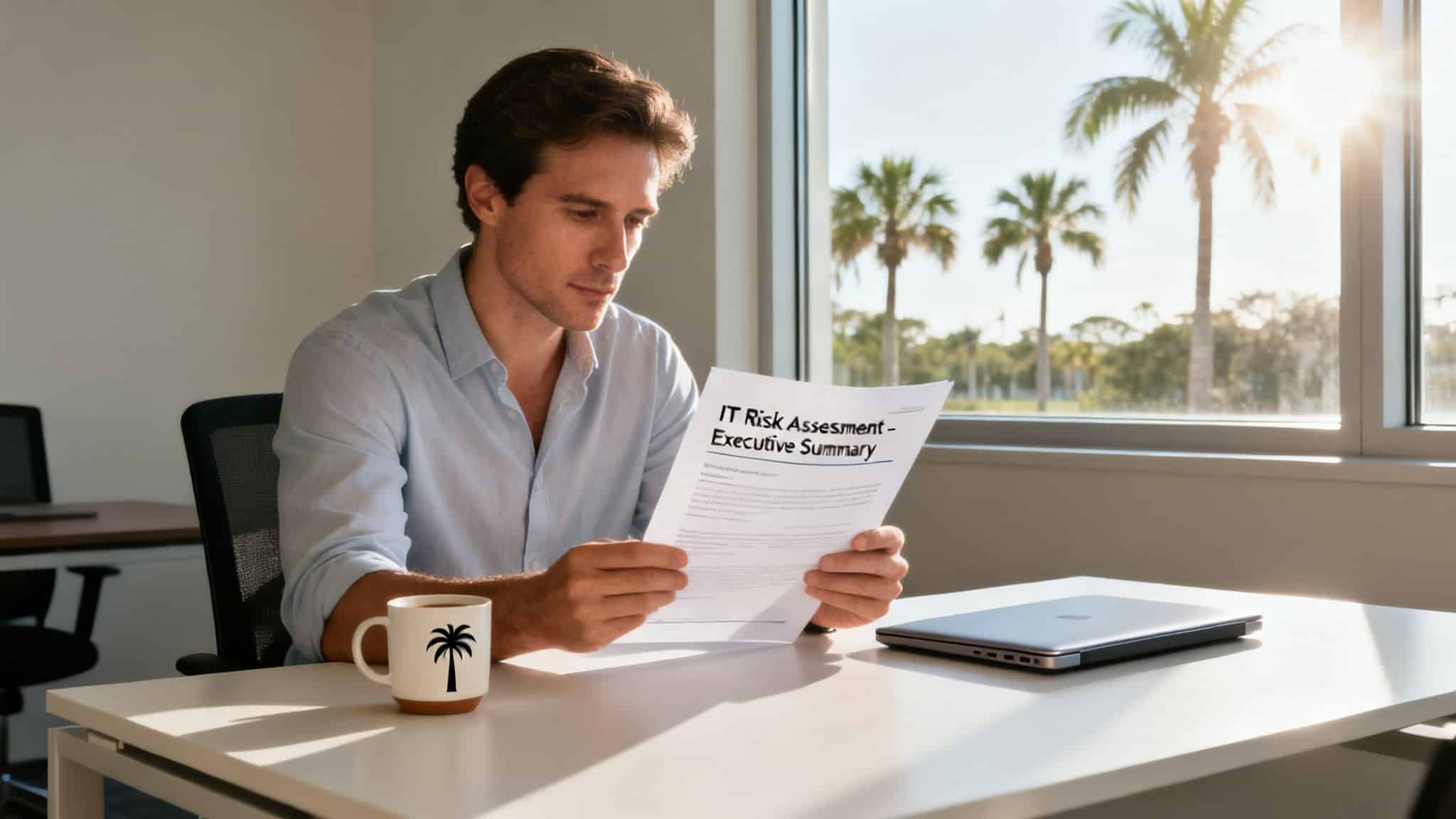 A man in a light blue shirt reads an IT risk assessment document at a sunny office desk.