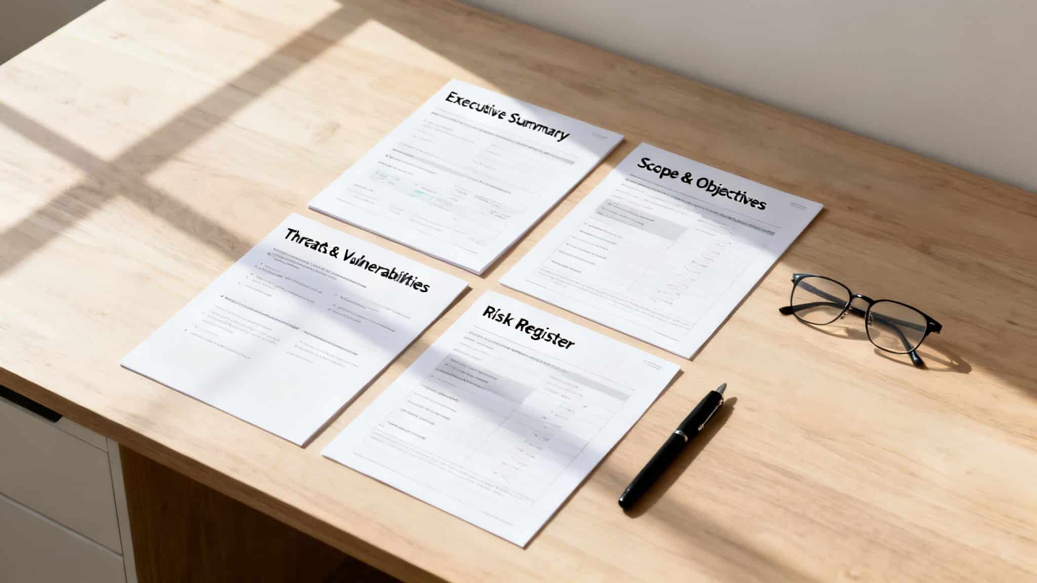 Four IT risk assessment report documents, glasses, and a pen on a wooden desk.