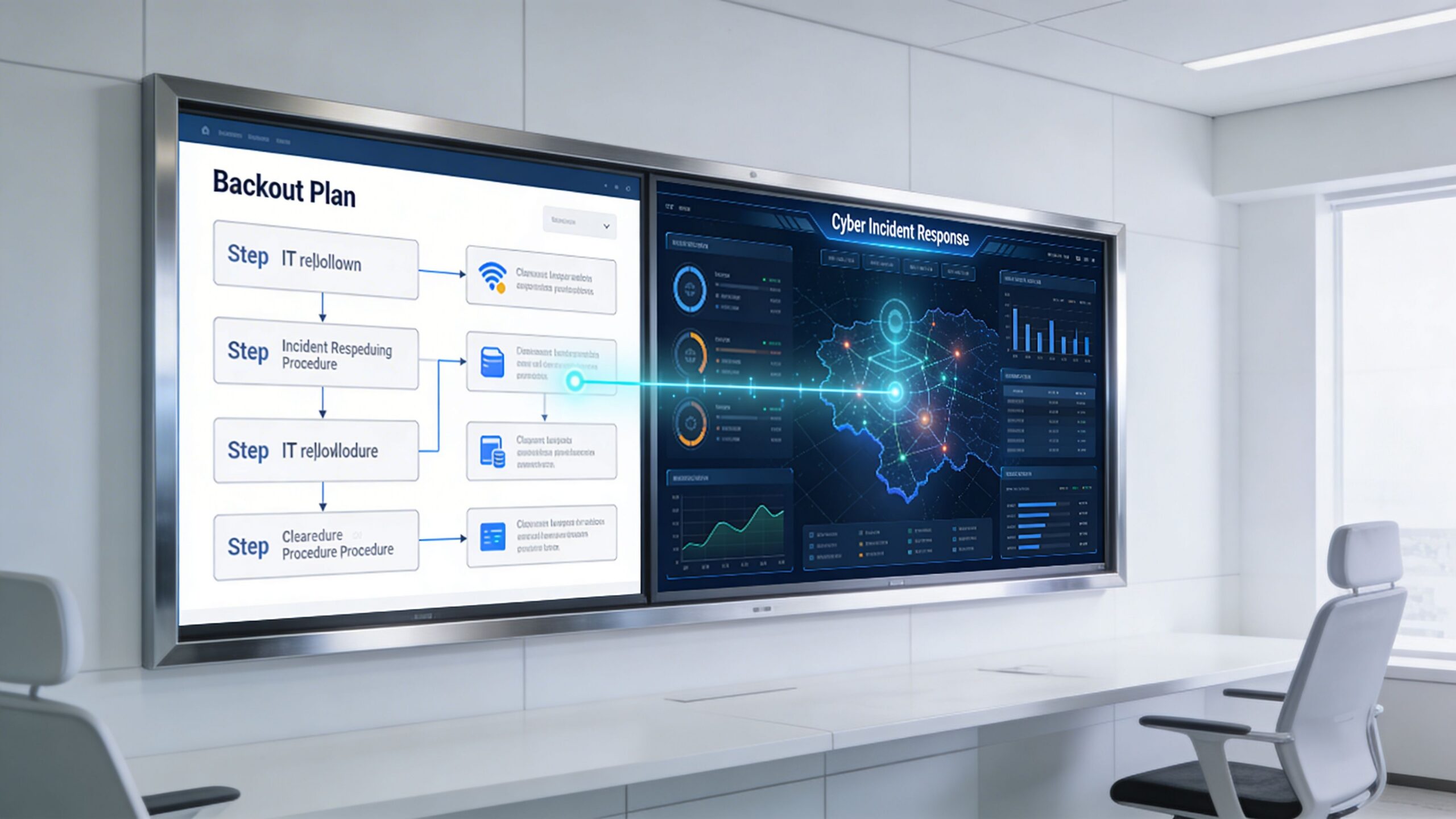 A large conference room display showing a digital backout plan flowchart and cyber incident response data analytics.