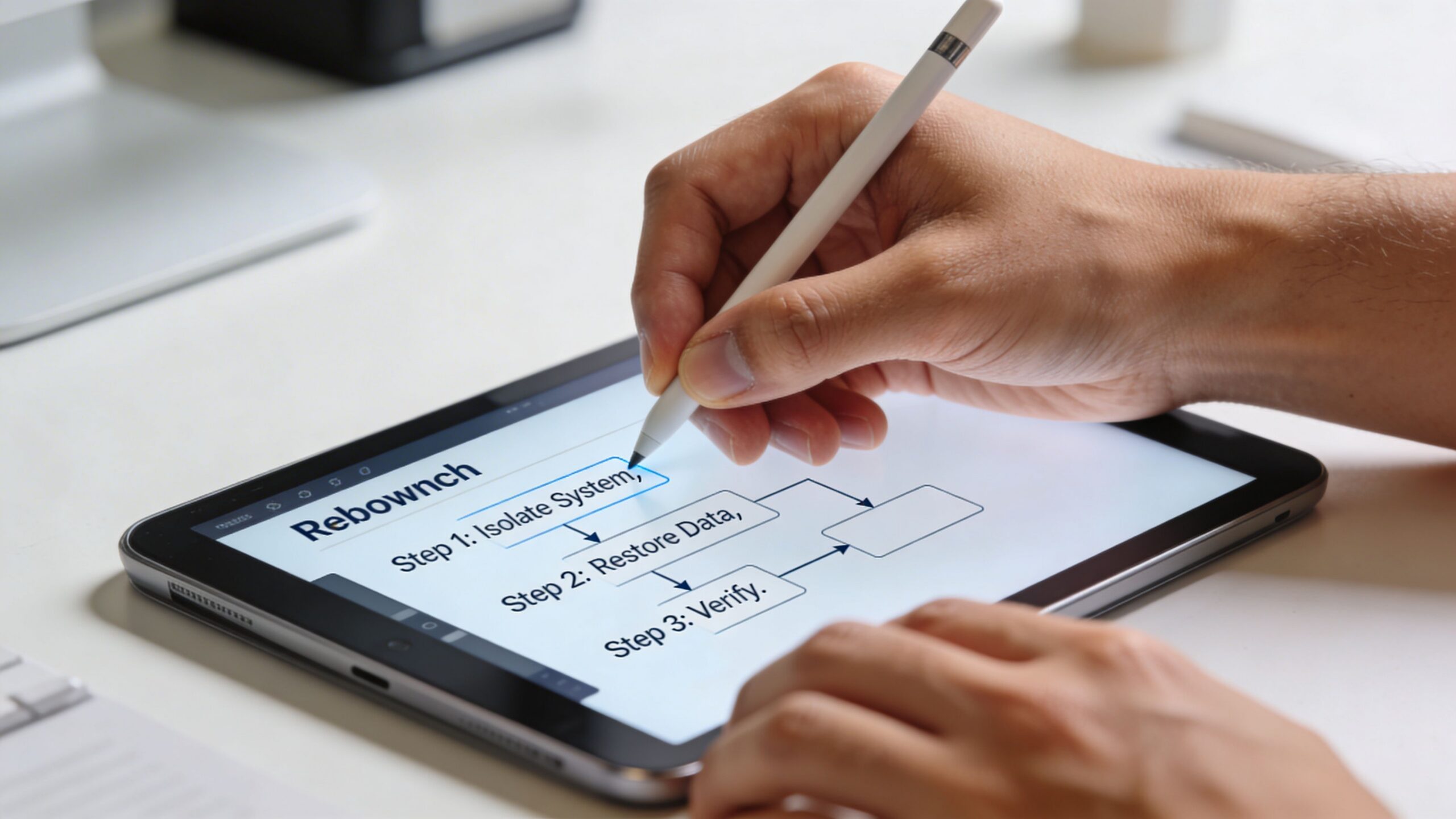 A person uses a stylus on a tablet screen to fill out a business process flowchart template.