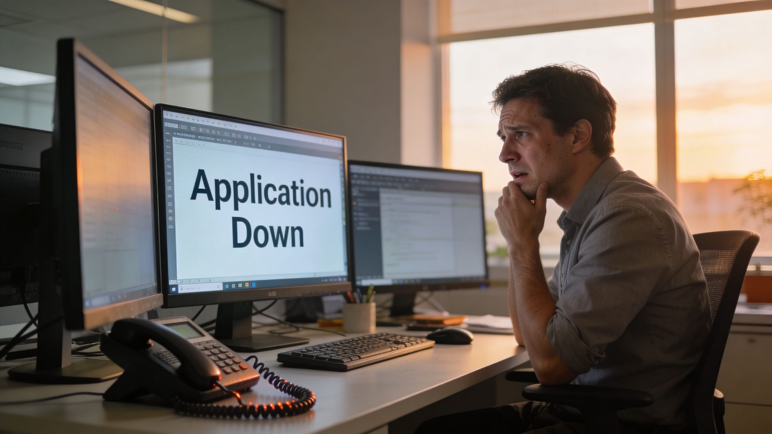 A concerned office worker stares at multiple computer monitors displaying a critical application down error message.