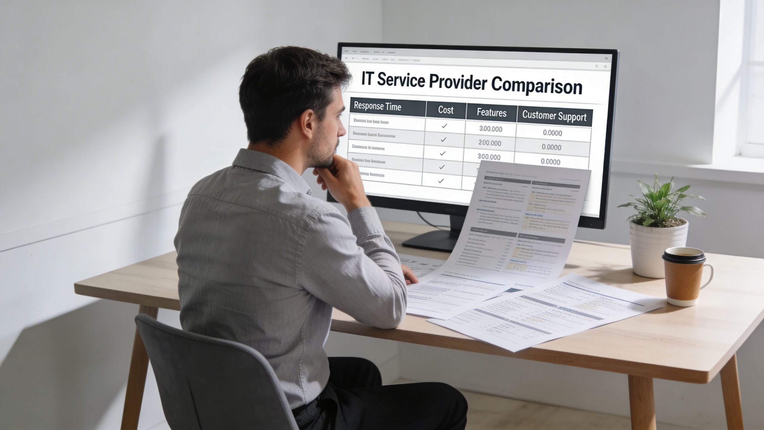 A professional man sitting at a desk reviewing IT service provider comparison reports on his computer.