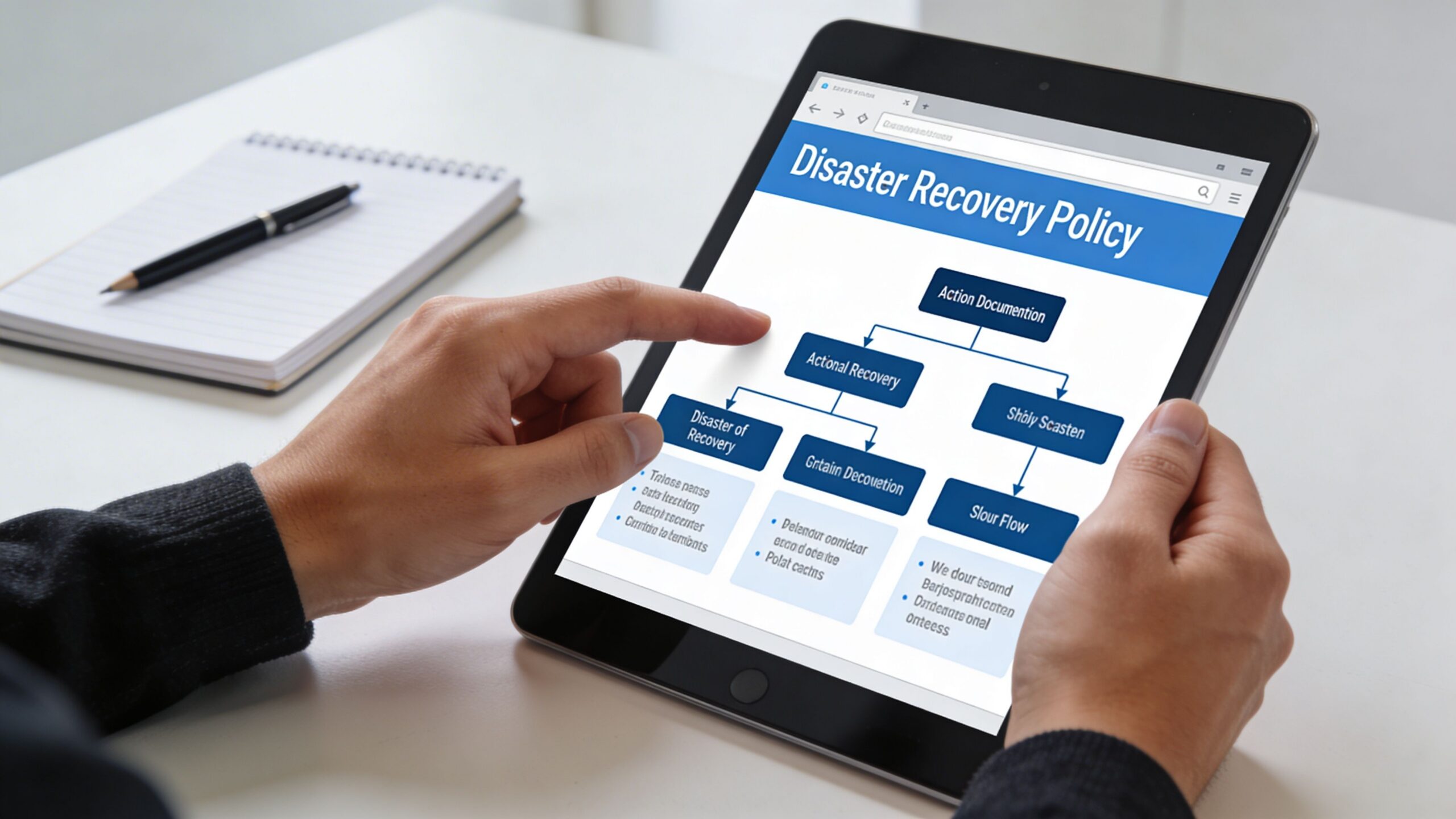 A person reviewing a disaster recovery policy flowchart on a tablet computer in an office setting.