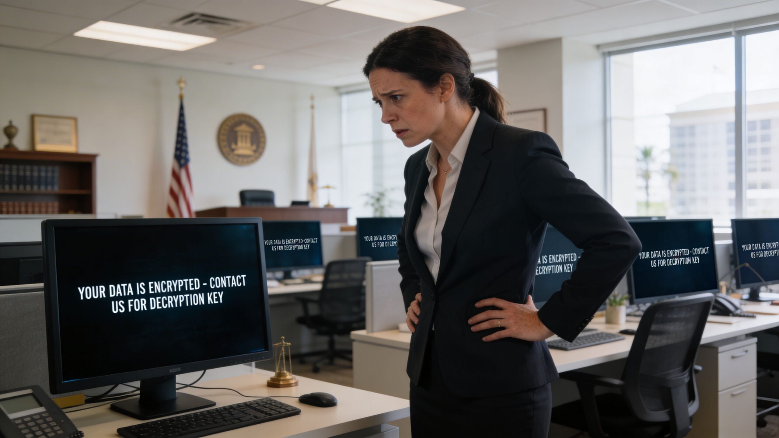 A concerned woman stands in an office looking at a computer screen showing a ransomware data encryption message.