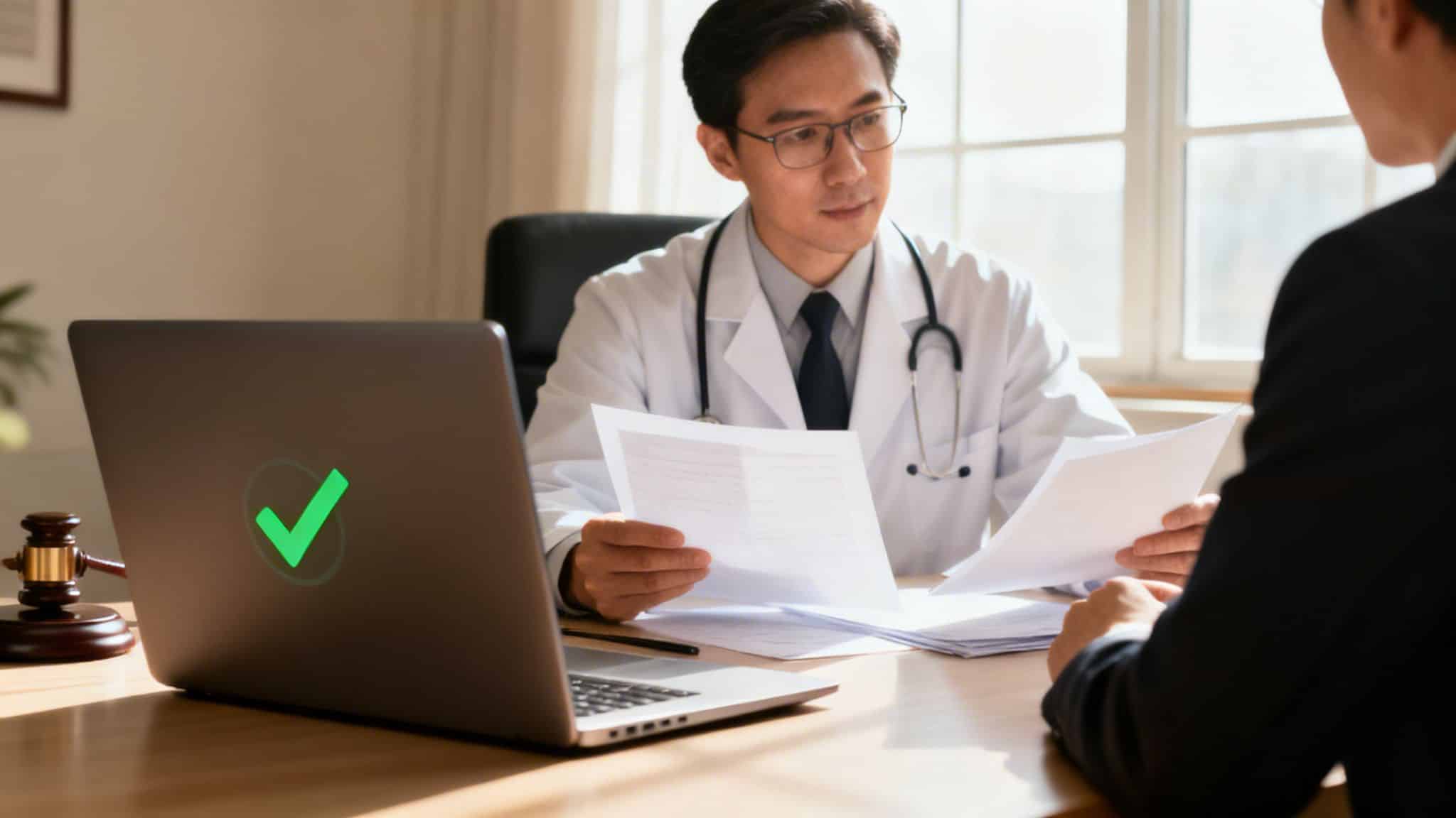 A doctor in a white coat consults with a client, reviewing documents at a desk with a laptop and gavel.
