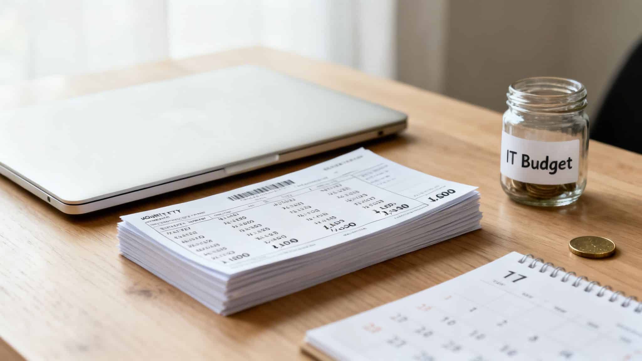 A wooden desk with a laptop, stacked financial documents, an 'IT Budget' coin jar, and a calendar.