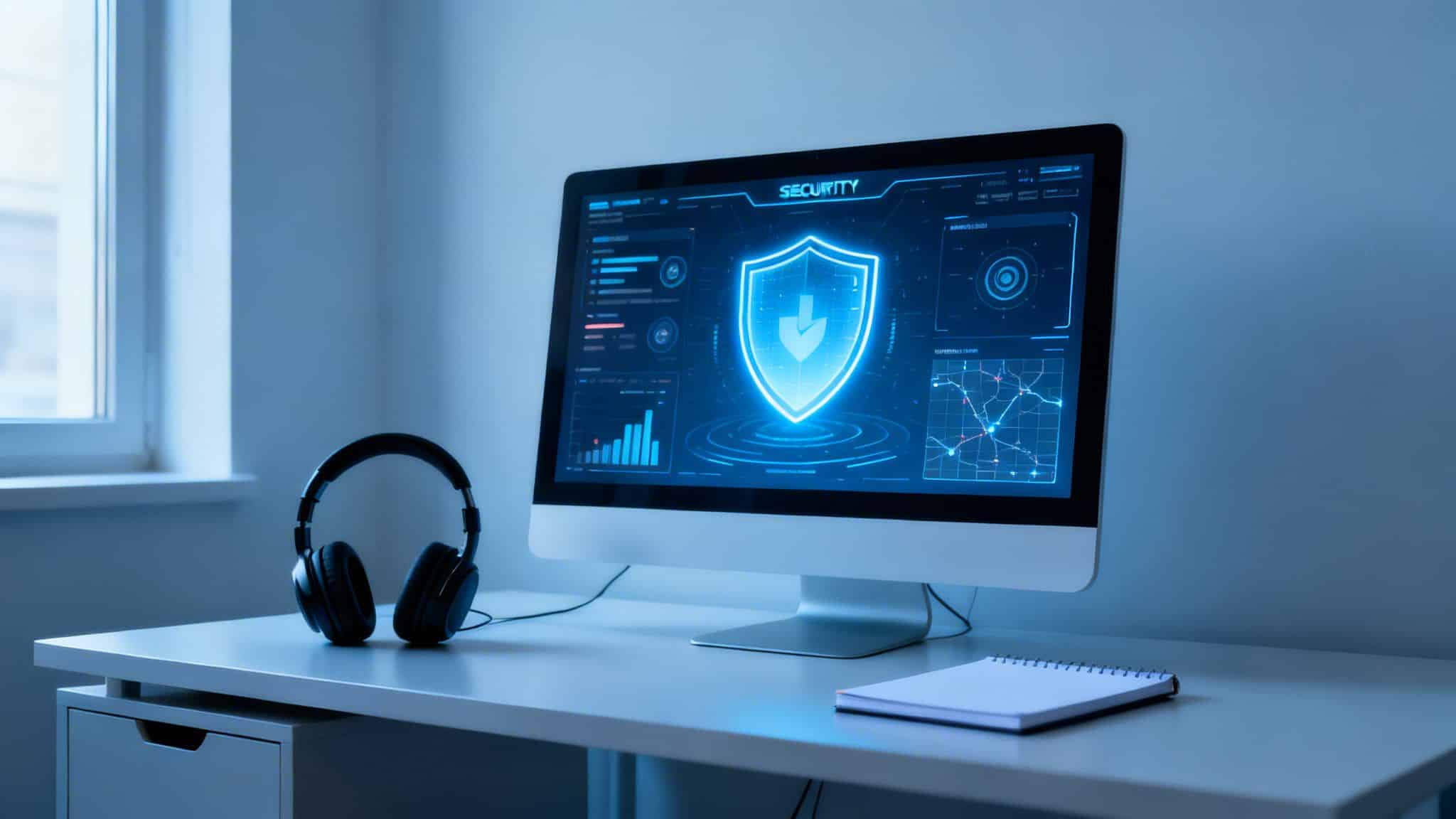 Computer monitor displaying a cybersecurity interface with a blue shield, headphones, and notebook on a white desk.