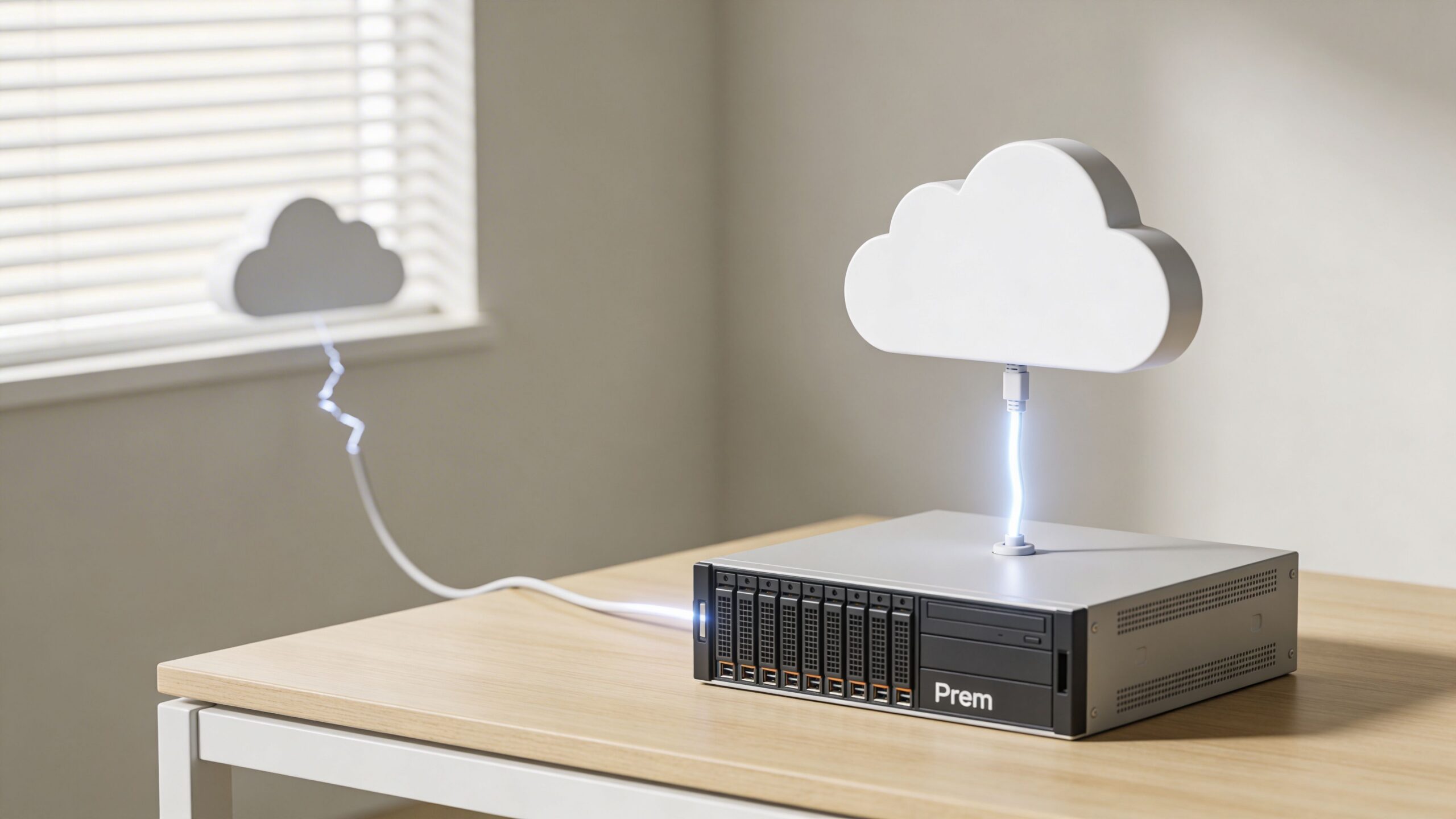 A server unit on a wooden desk with two floating cloud icons connected by glowing cables.