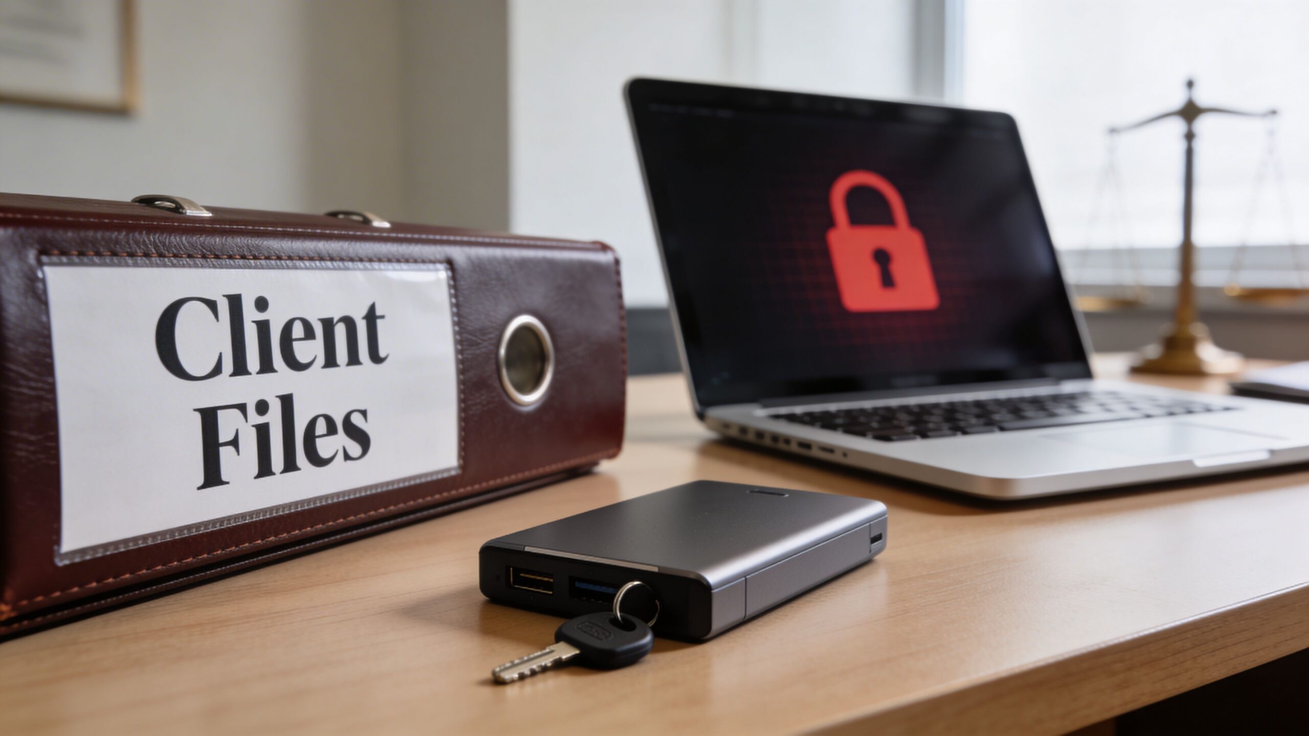 A leather binder labeled Client Files sits on a desk next to a laptop with a lock icon.