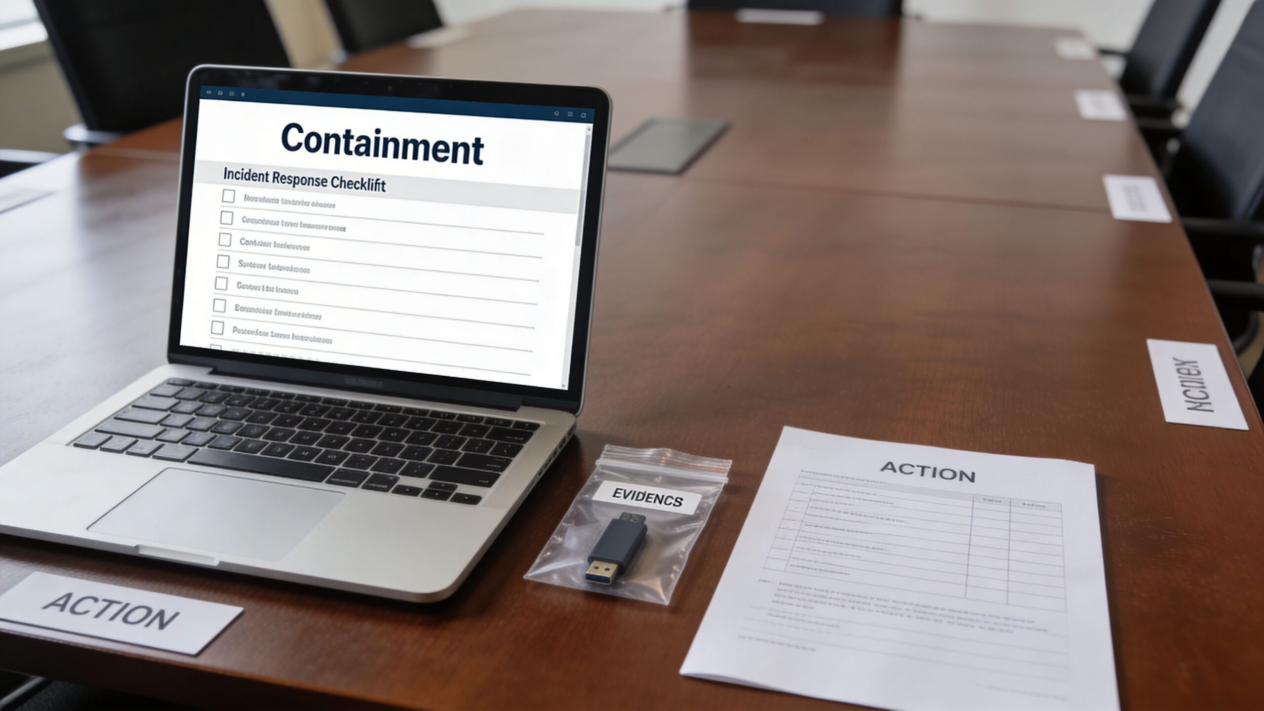 A laptop showing an incident response checklist on a wooden meeting table with an evidence drive.