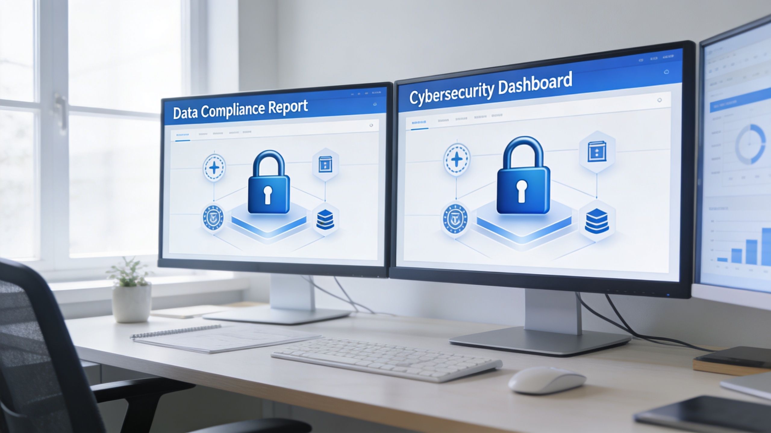 Dual computer monitors on a desk displaying cybersecurity dashboards with a lock icon and data charts.