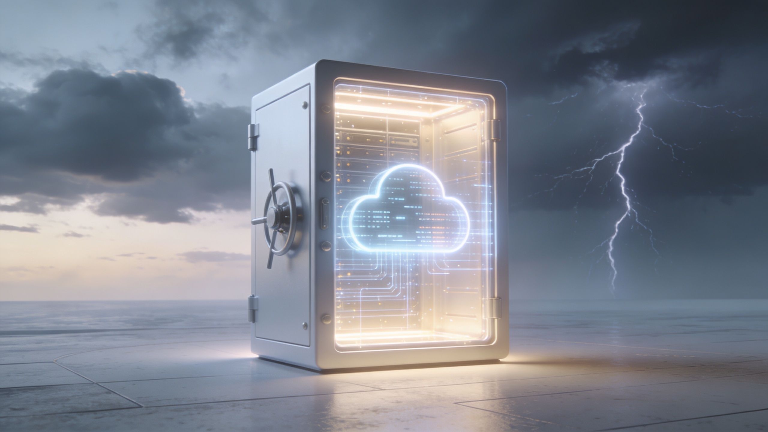 A digital cloud symbol inside a secure vault representing protected cloud-based data storage during a storm.