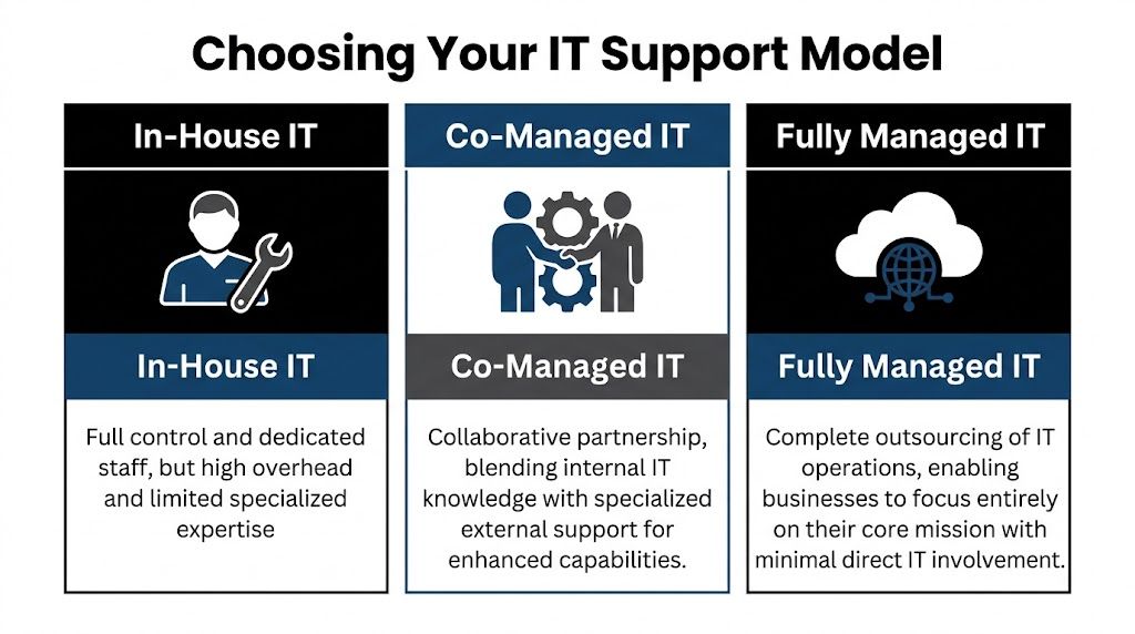 A comparison chart outlining the differences between In-House, Co-Managed, and Fully Managed IT support models.