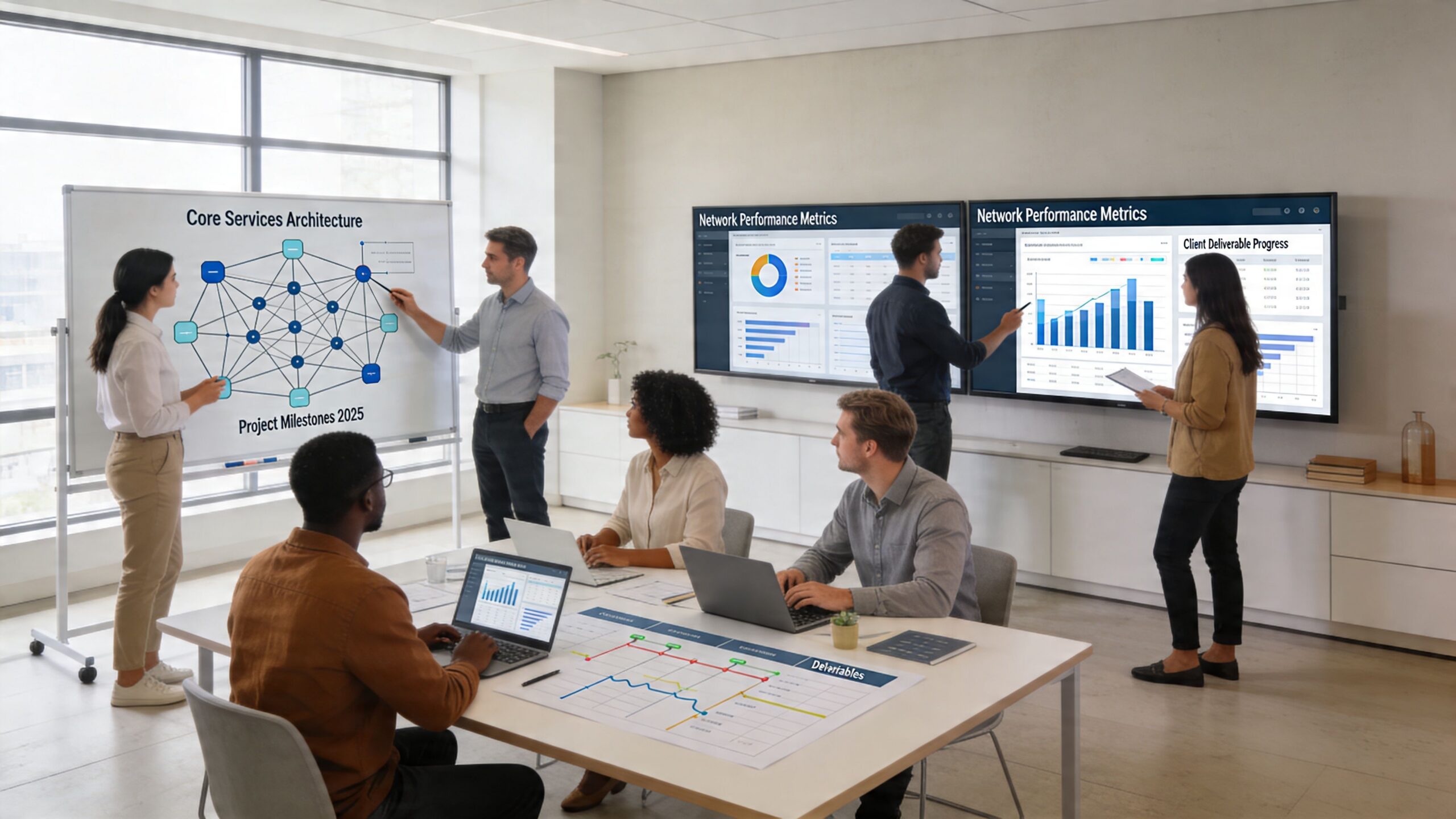 A diverse professional team collaborates on co-managed IT solutions in a modern office meeting room setting.