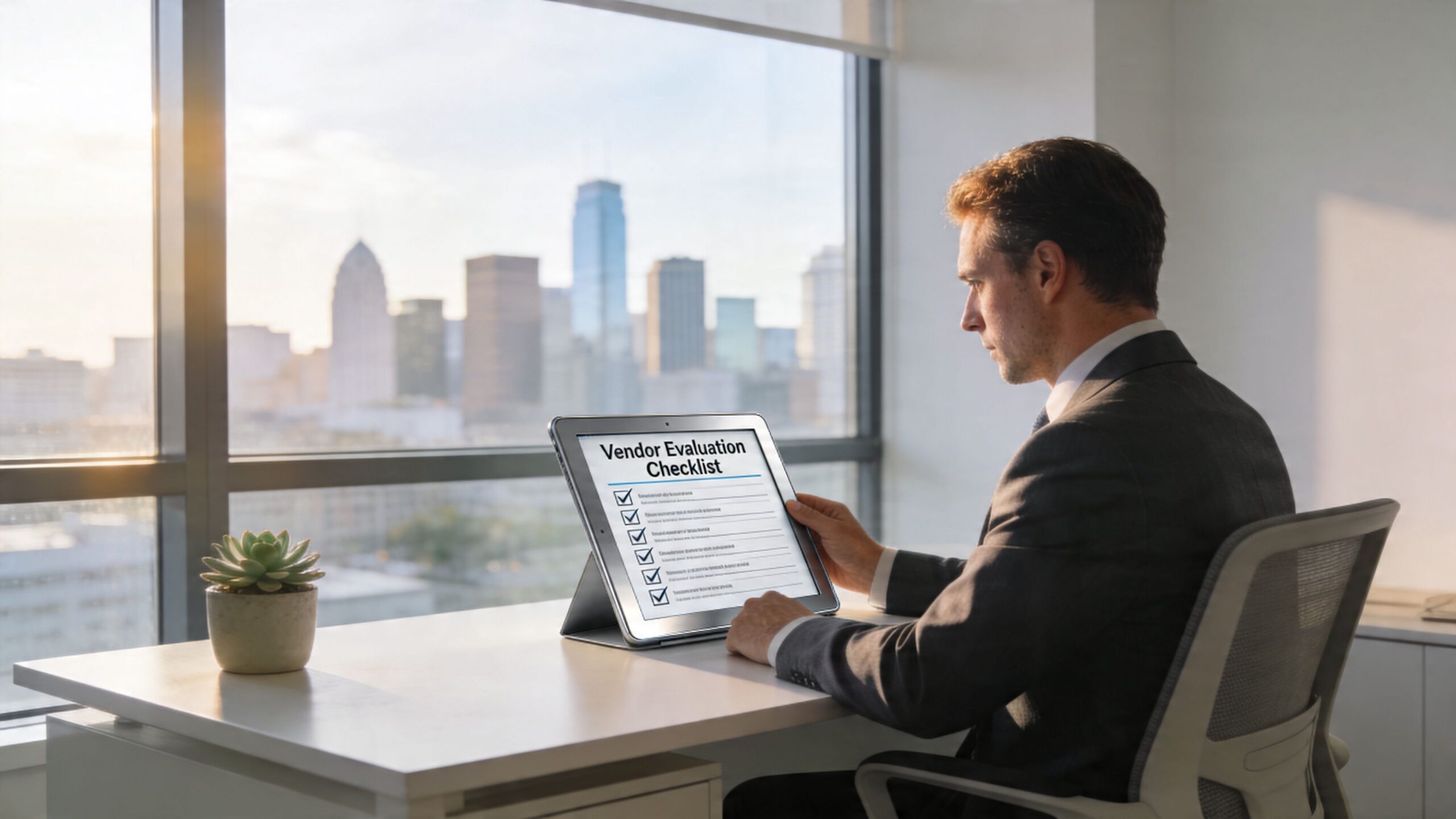 A professional man in a suit reviews a vendor evaluation checklist on a tablet at a sunny desk.