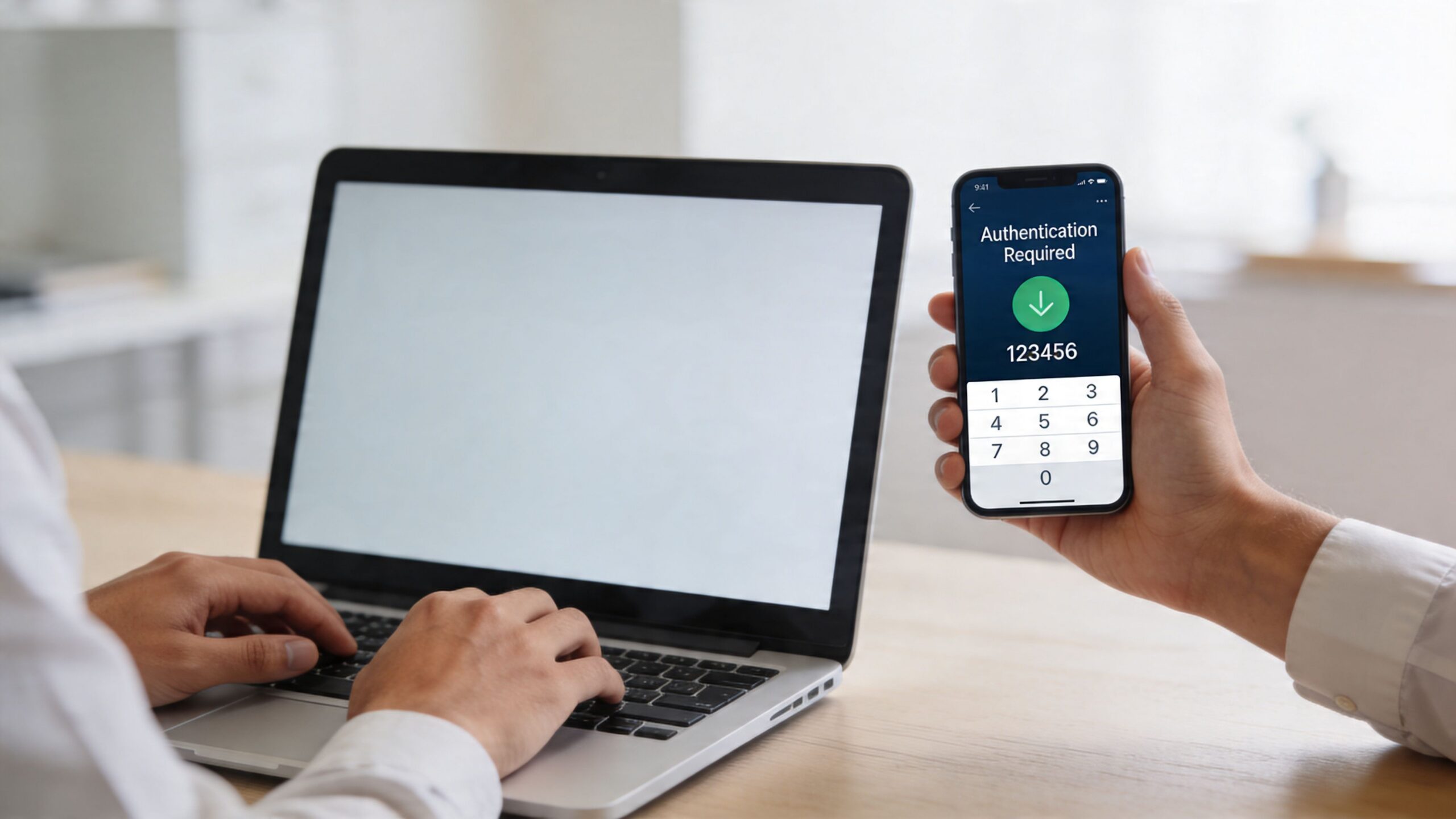 A person authenticates their login process by entering a numeric code from a smartphone on their laptop.